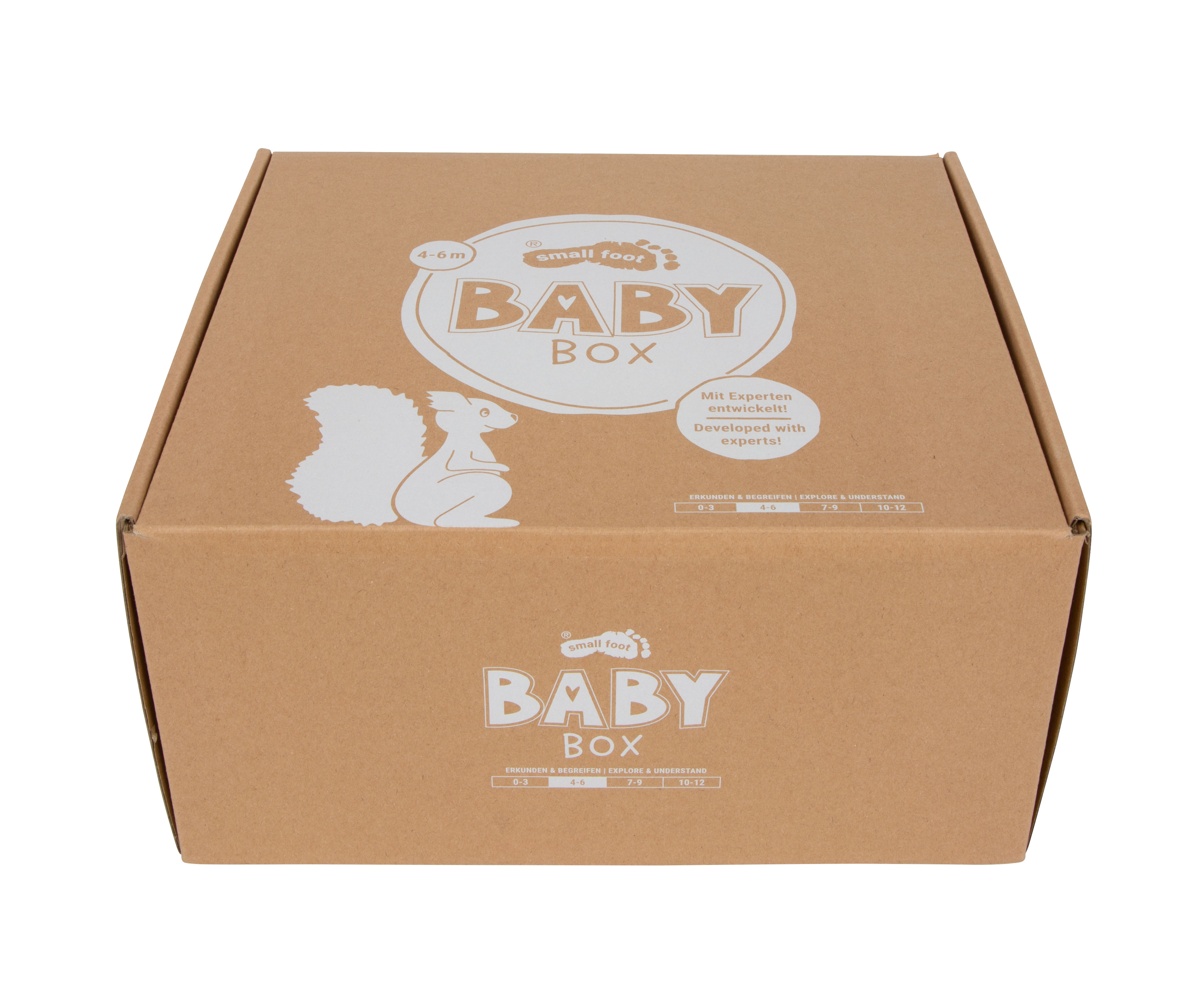 Kinderbox, Babysockel, Box-Verpackung, Schnellstart-Box, Kartonbox, Baby Box, Box, Pappe, braun, Eichhörnchen-Logo