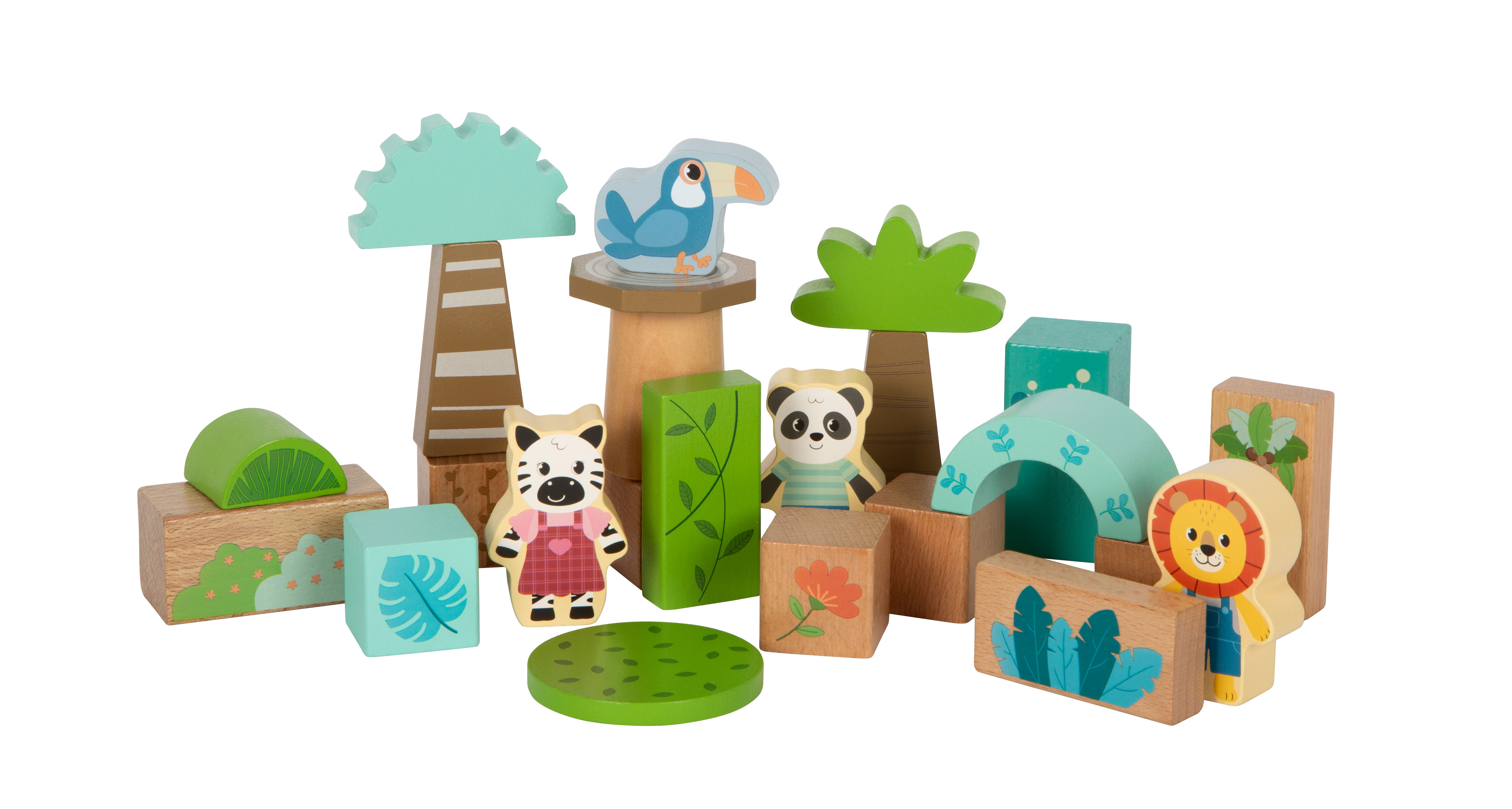 Holzbausteine Jungle & Friends mit Tukan, Löwe, Zebra und Panda