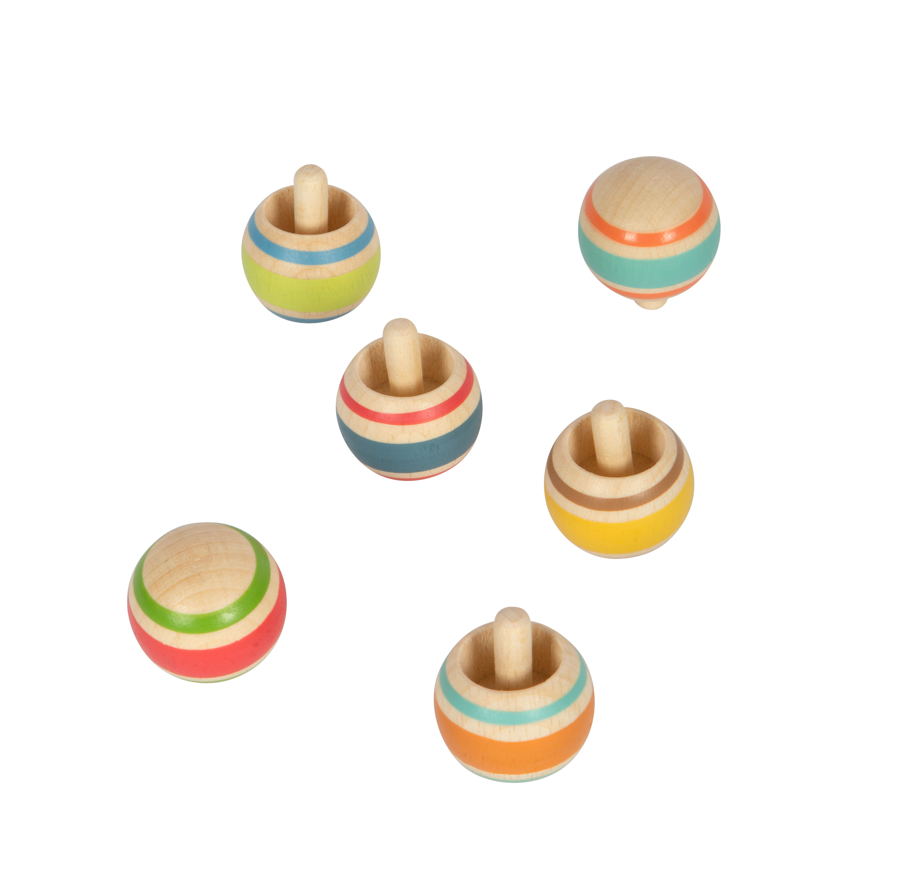 Sechs Stehaufkreisel aus Holz