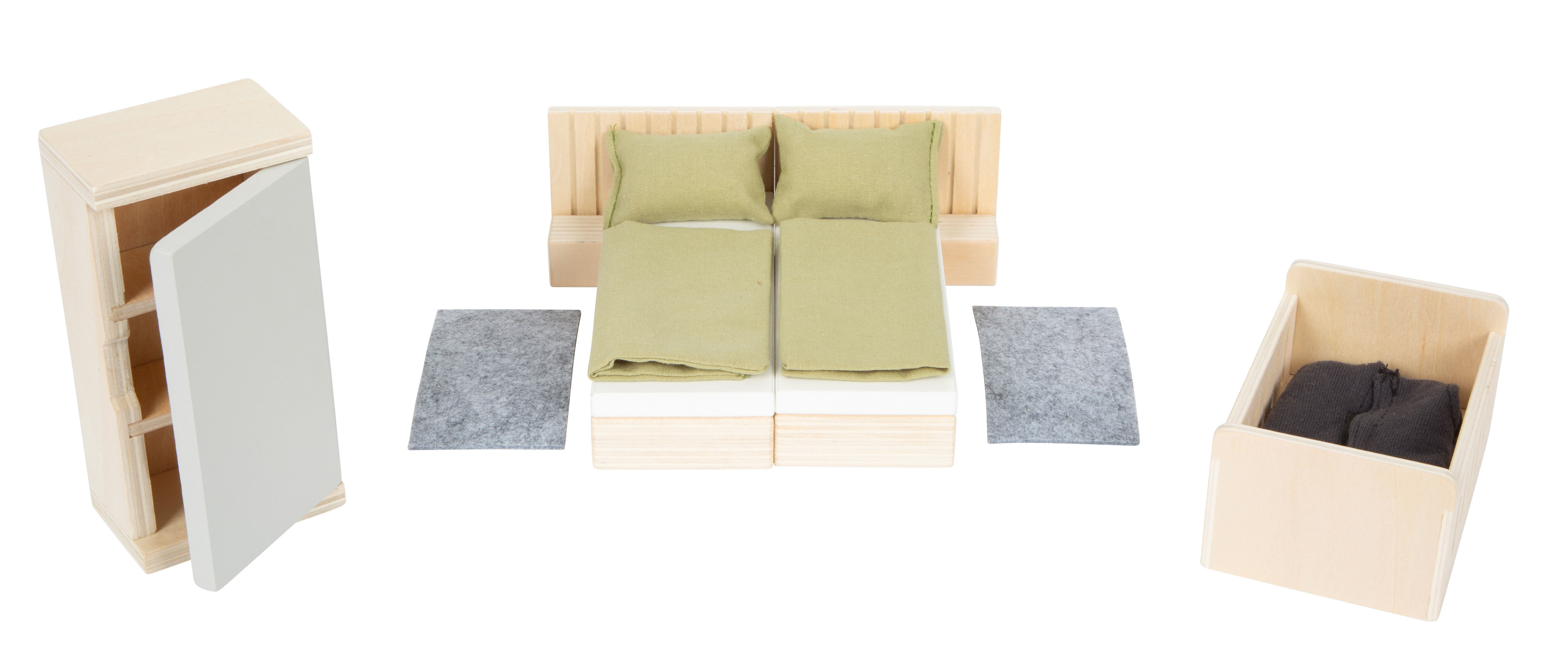 Puppenhaus mit Garten und Puppen mit Bett und Schrank