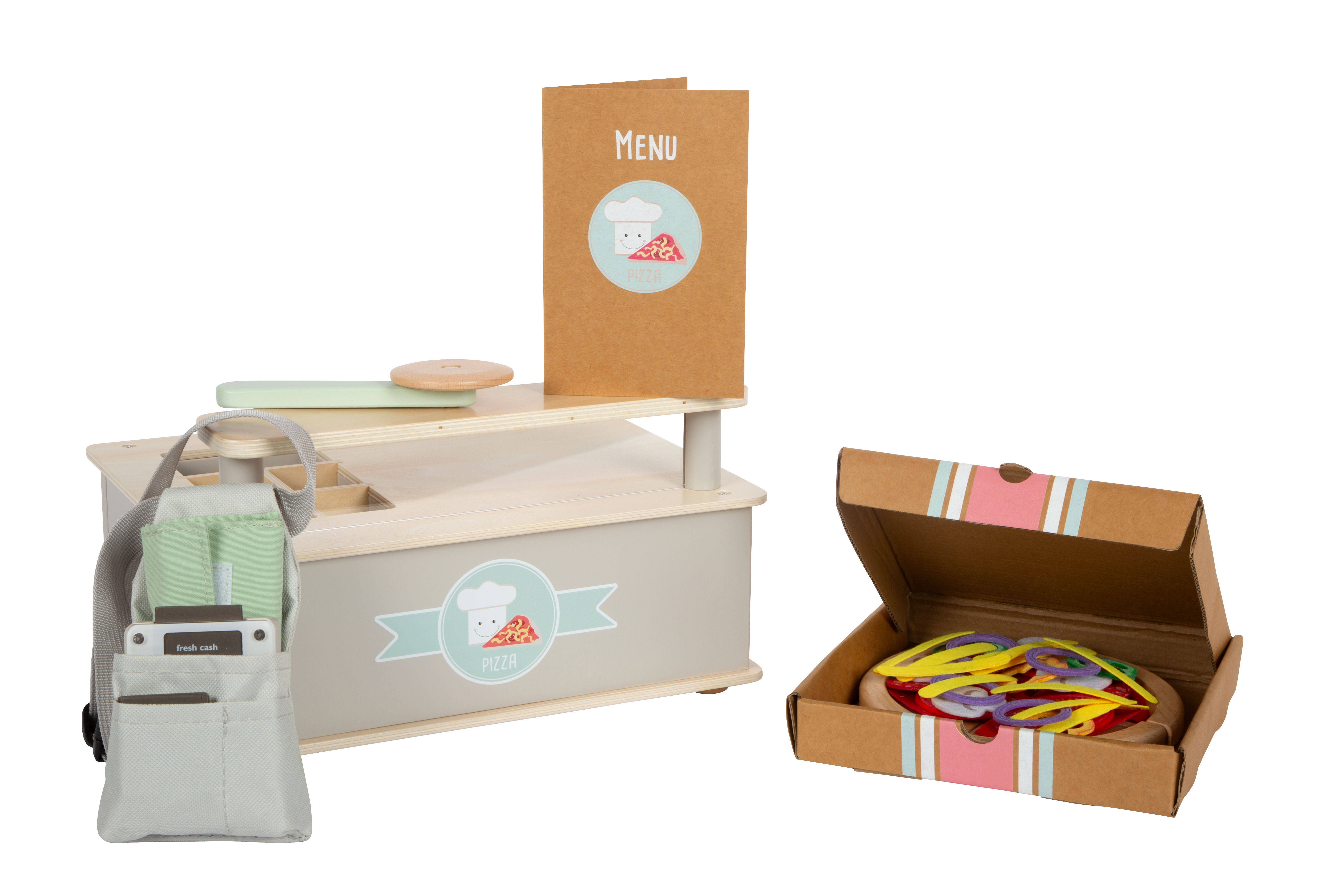 Pizzeria Spielset aus Holz mit Pizzakarton und Kellnertasche