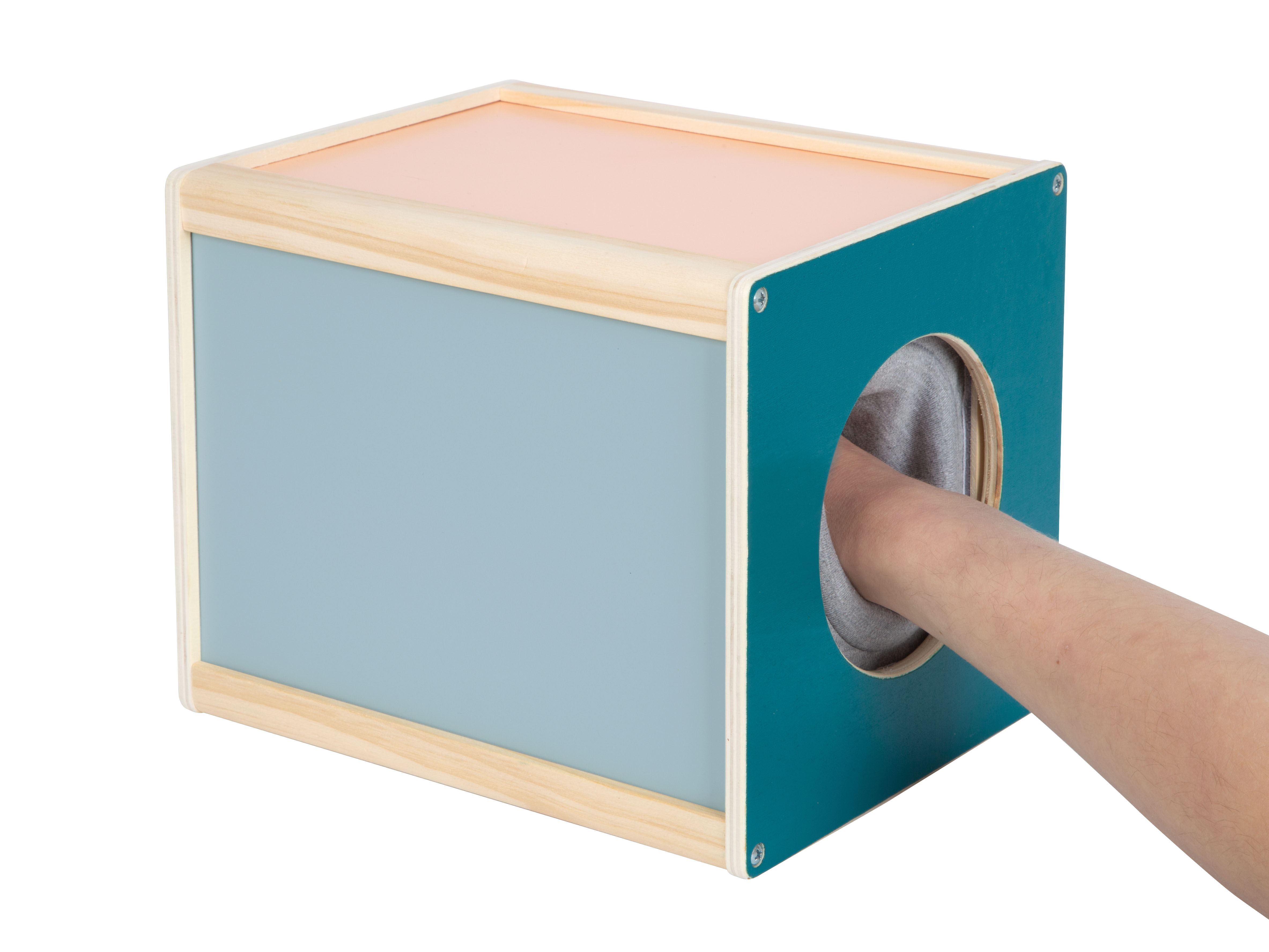 Fühlbox aus Holz mit Eingriff-Öffnung