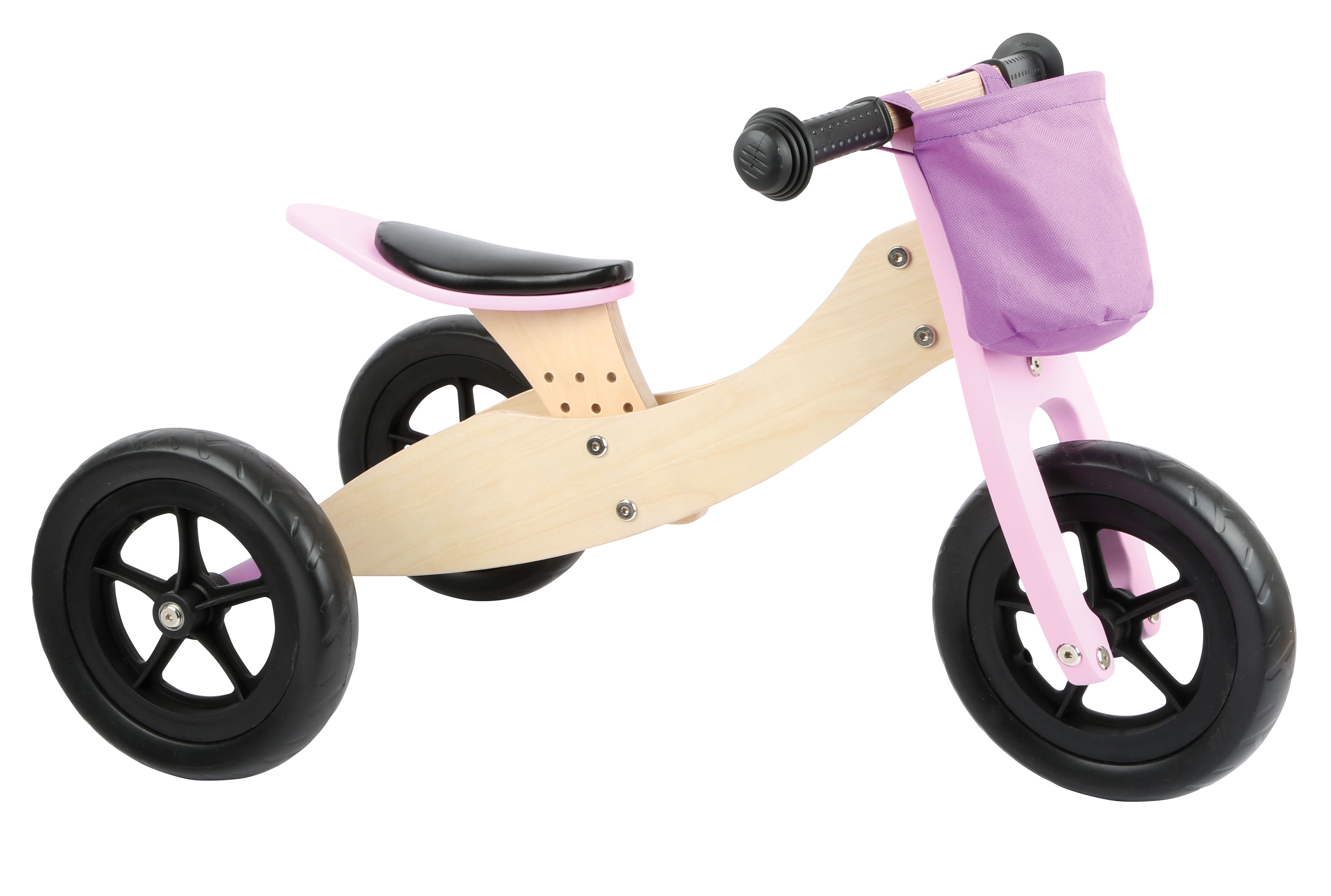 Rosa Dreirad aus Holz mit Lenkertasche