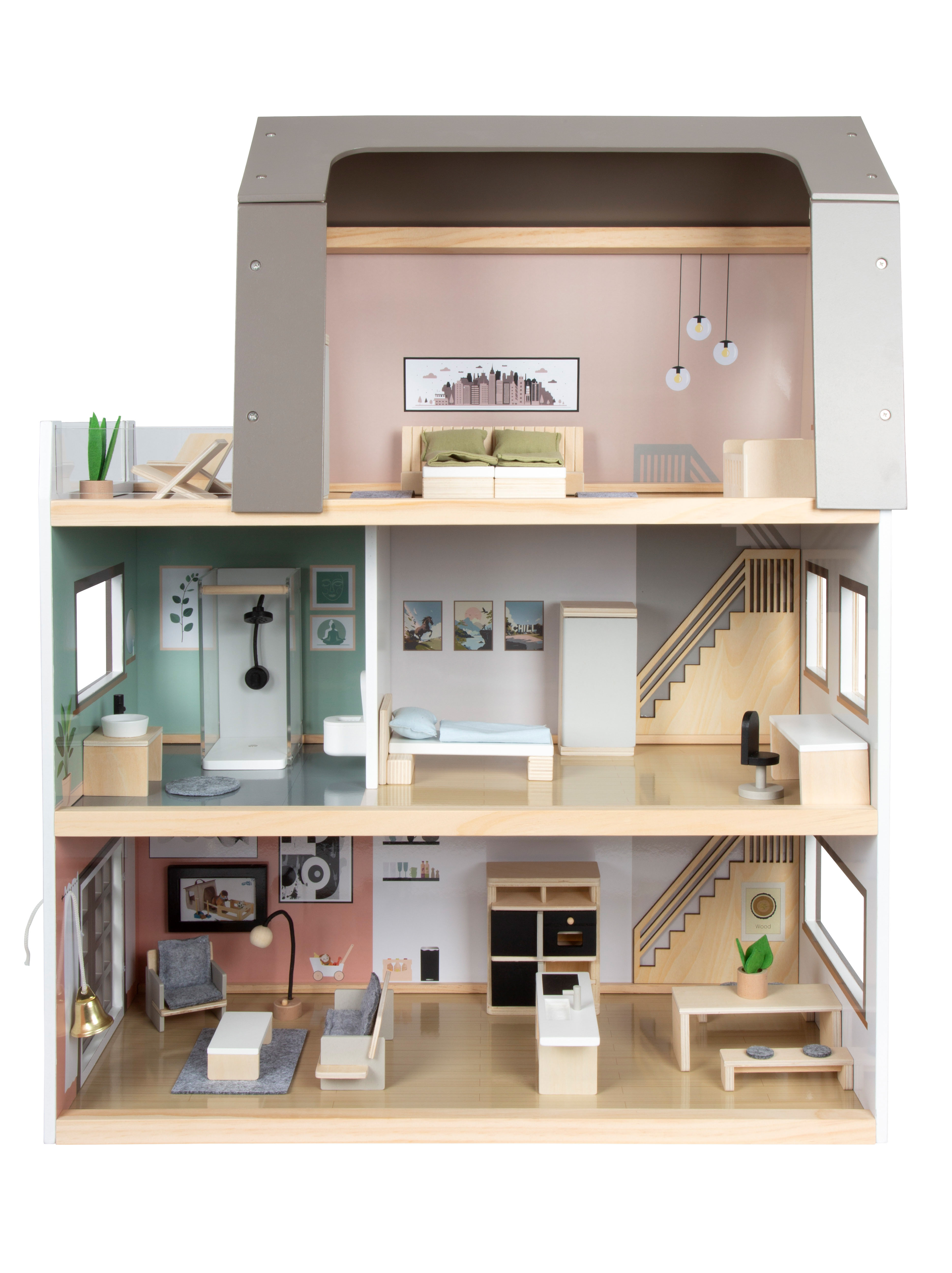 Puppenhaus mit Garten und Puppen mit Einrichtung für ein Einfamilienhaus