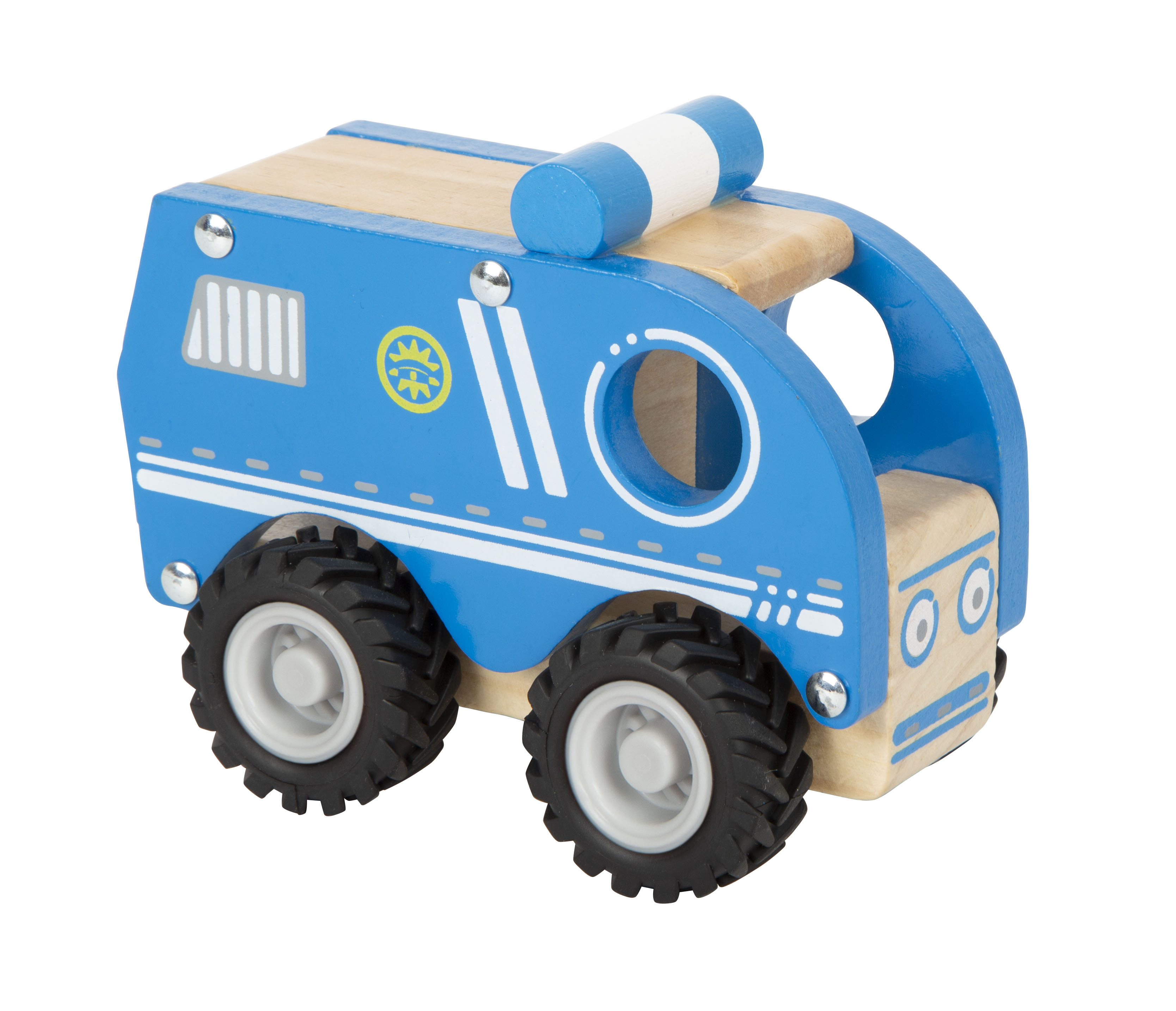 Holzspielzeug, Kleiner Zug, Blau, Wagen mit Reifen, Lackierte Oberfläche