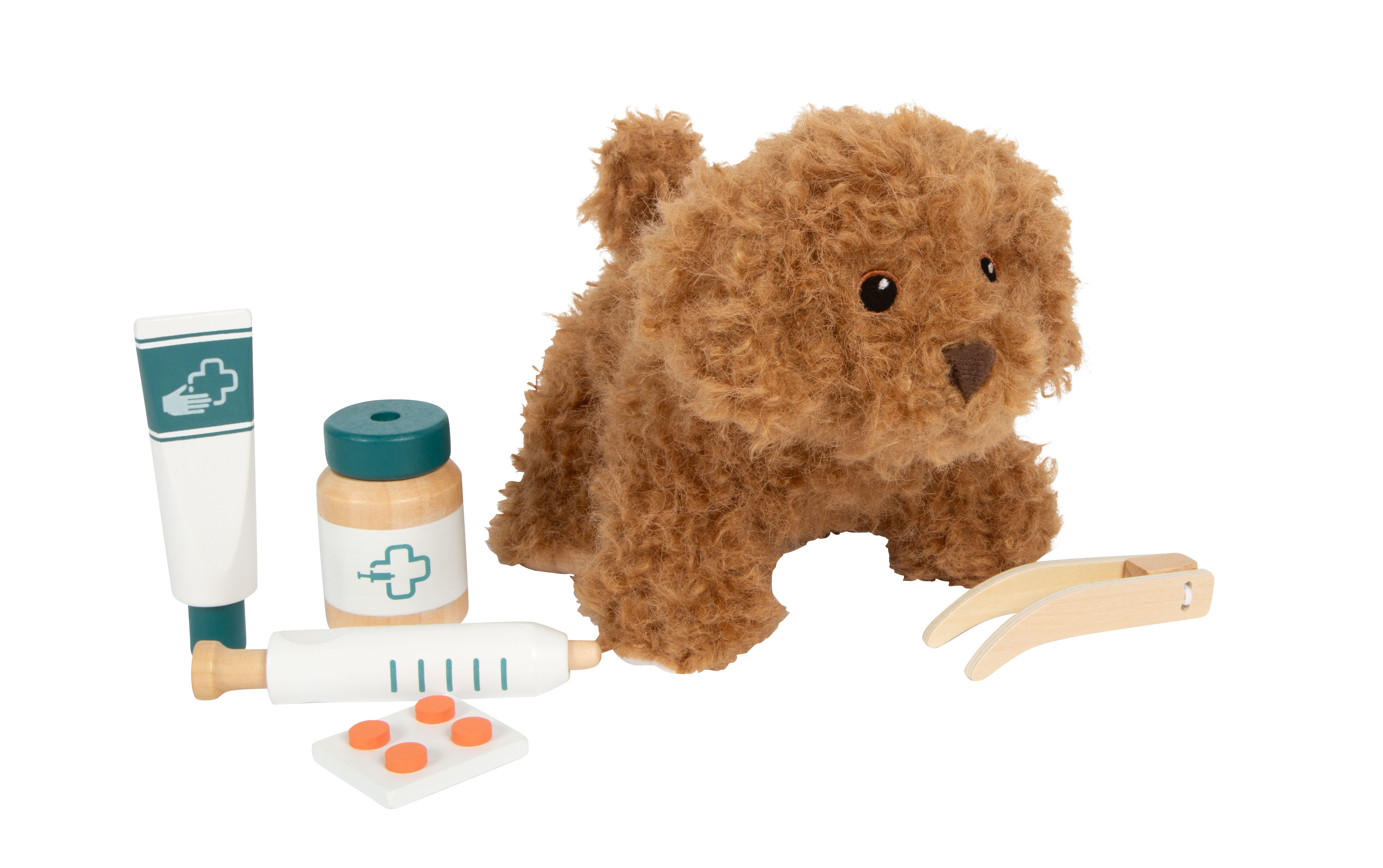 Tierarzt-Tasche mit Hund, Anti-Floh-Mittel, Spritze und Pinzette