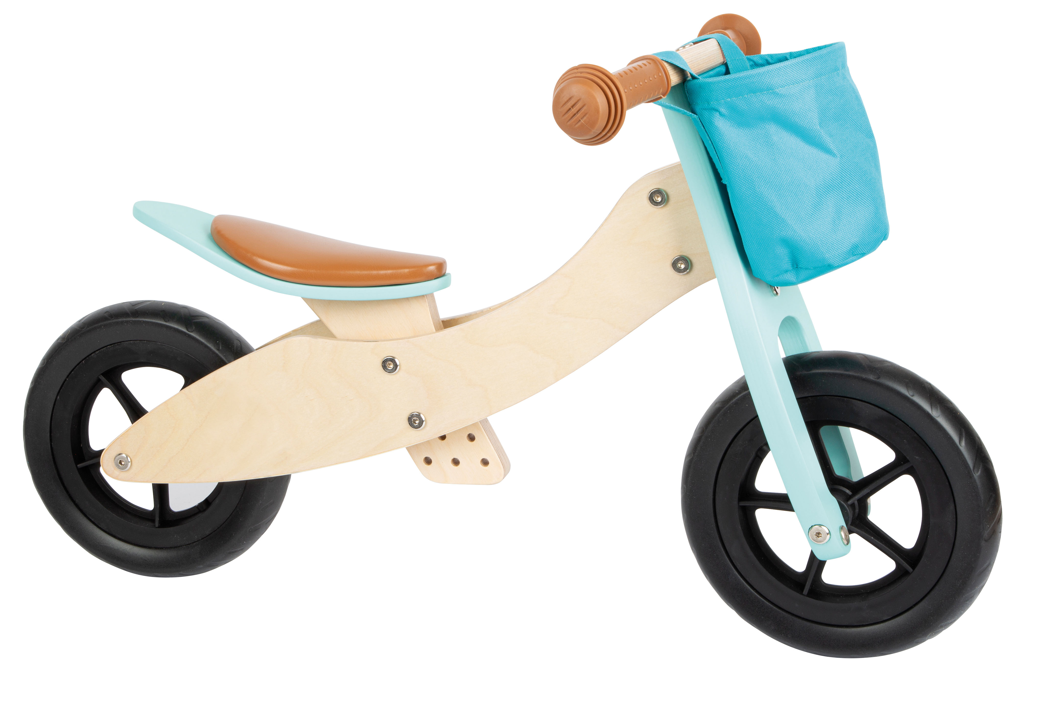 Laufrad aus Holz mit türkisfarbener Lenkertasche