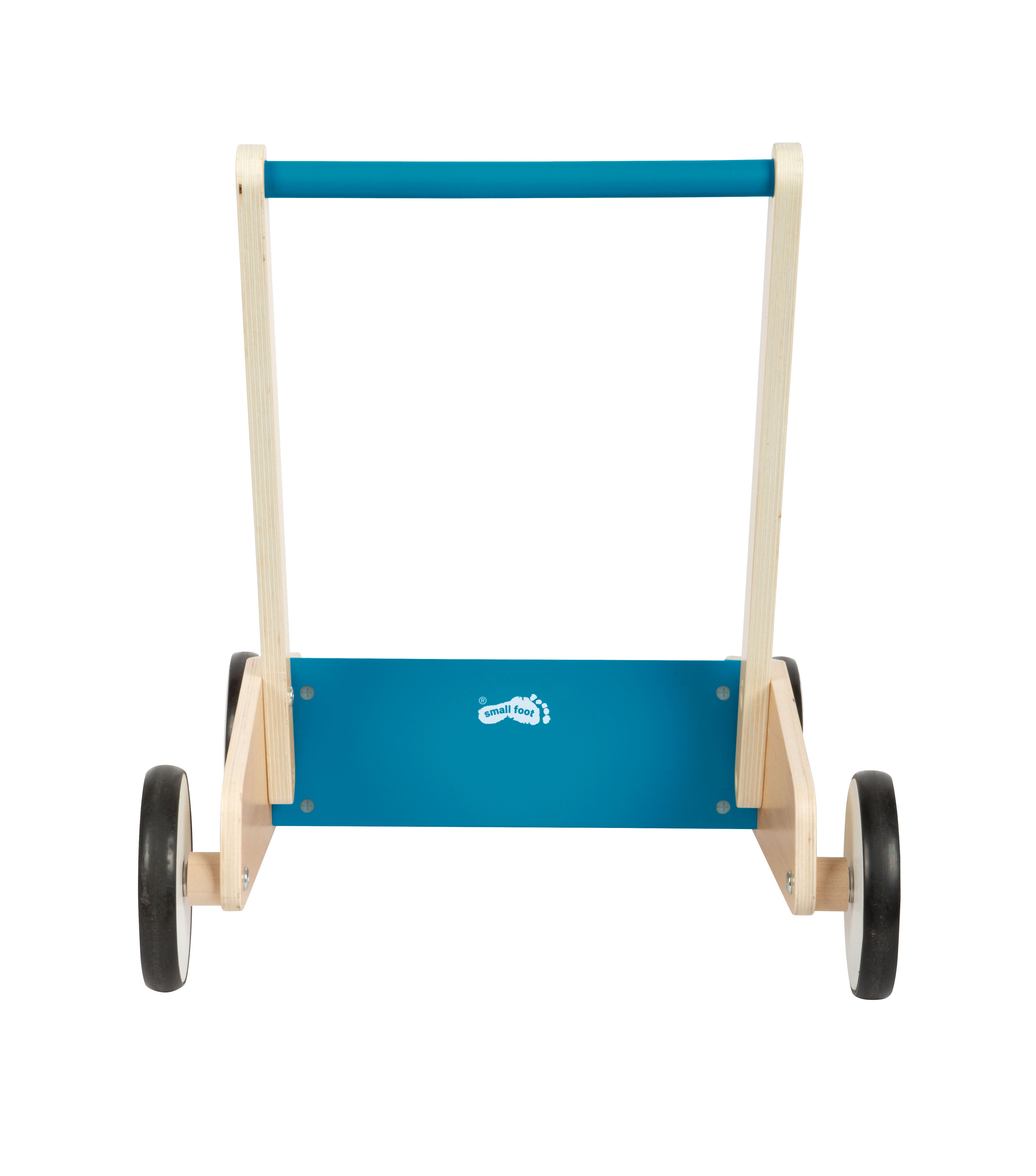 Lauflernwagen aus Holz mit blauen Elementen