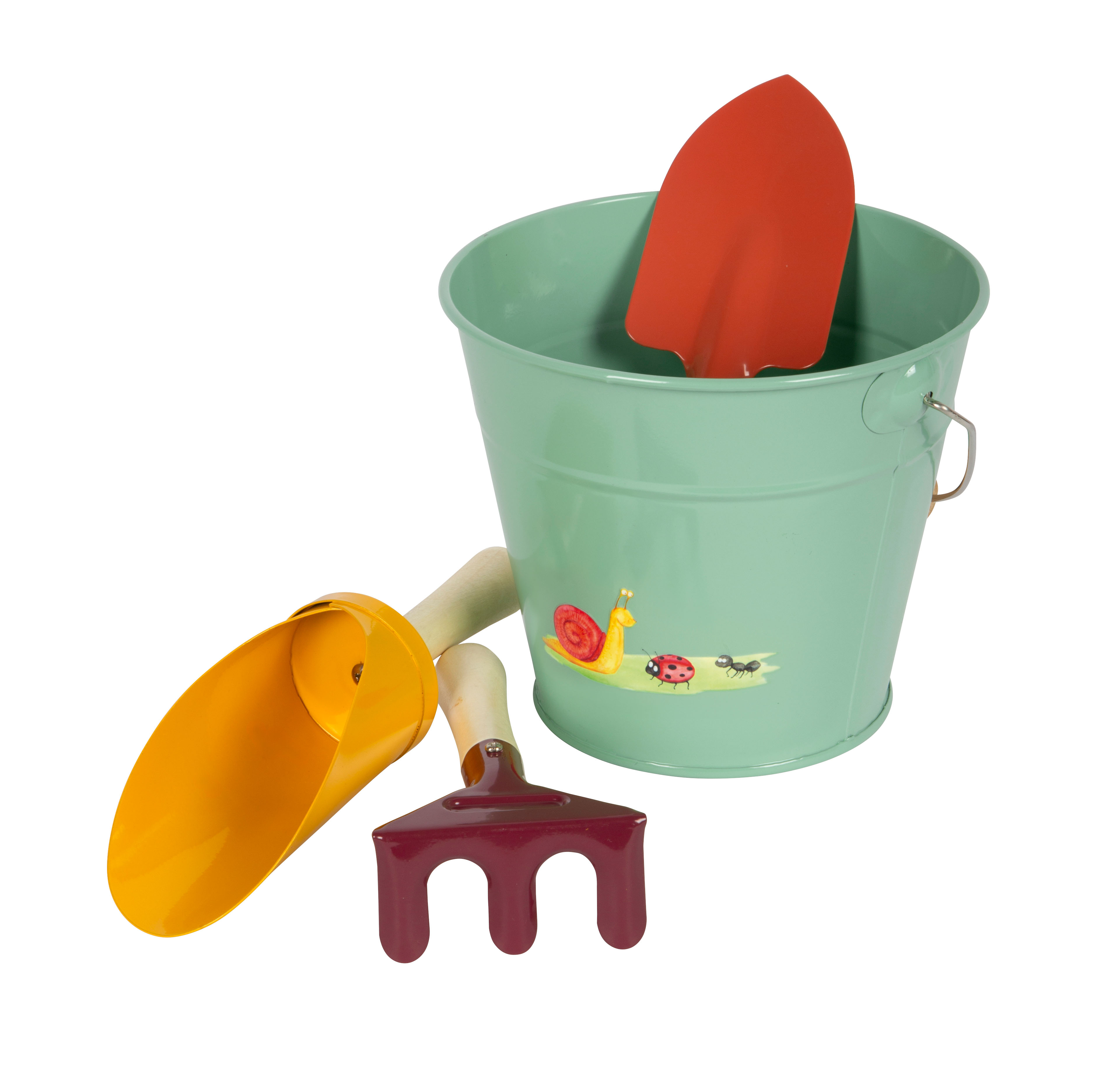 Handschaufel in Eimer, Zubehör links daneben