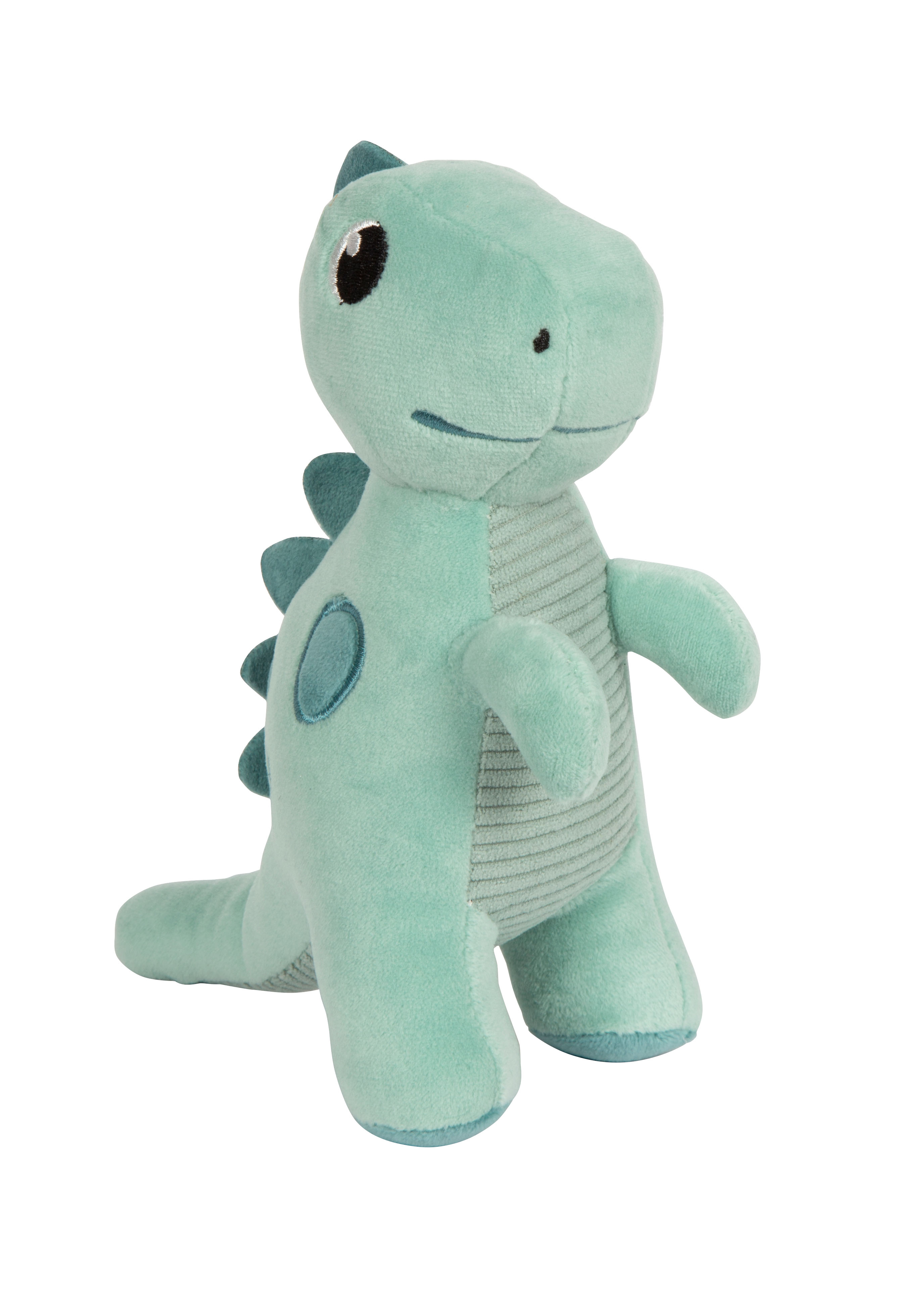 grünes Plüschtier Dino schräg rechts vorne