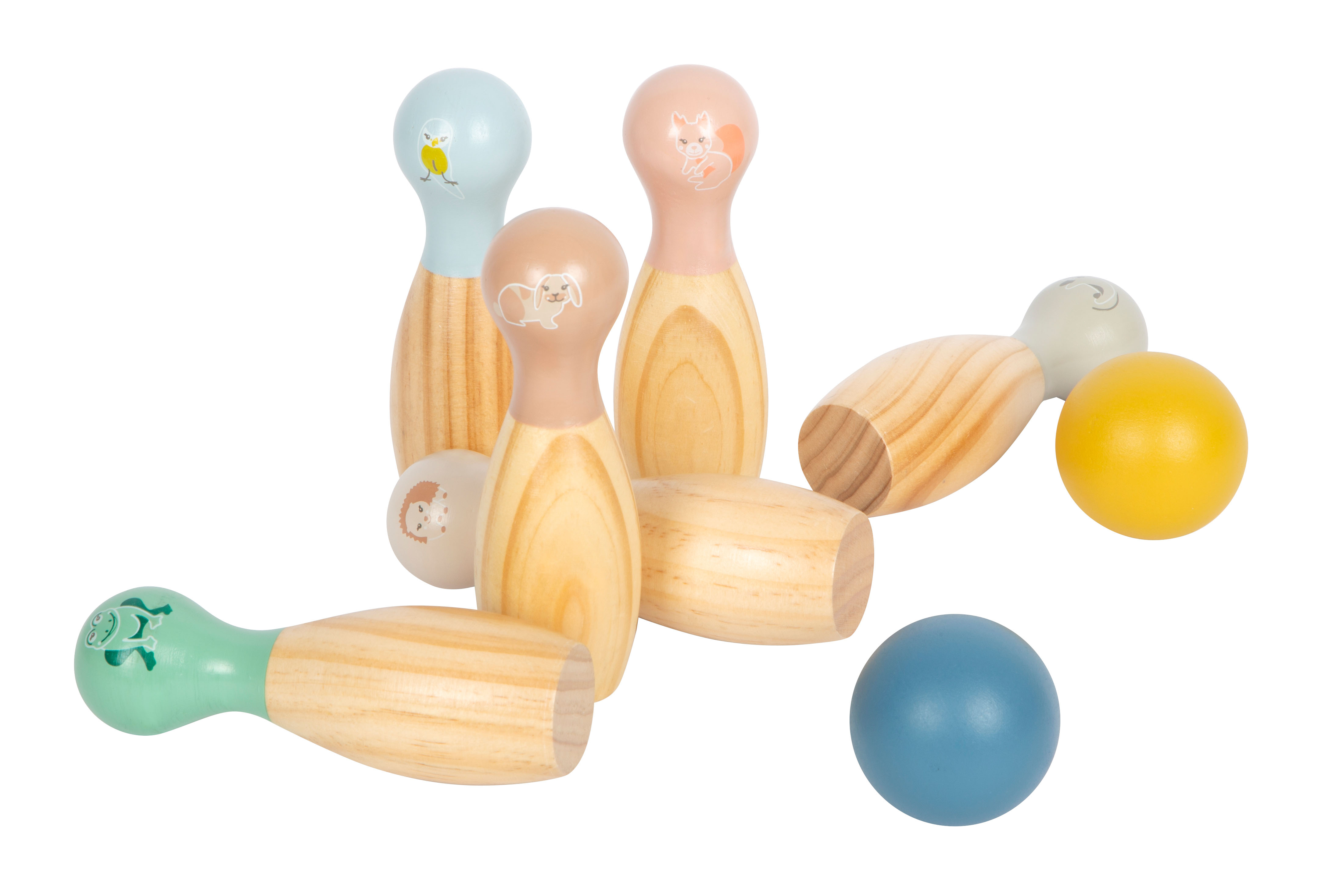 Kegelspiel aus Holz mit Tiermotiven