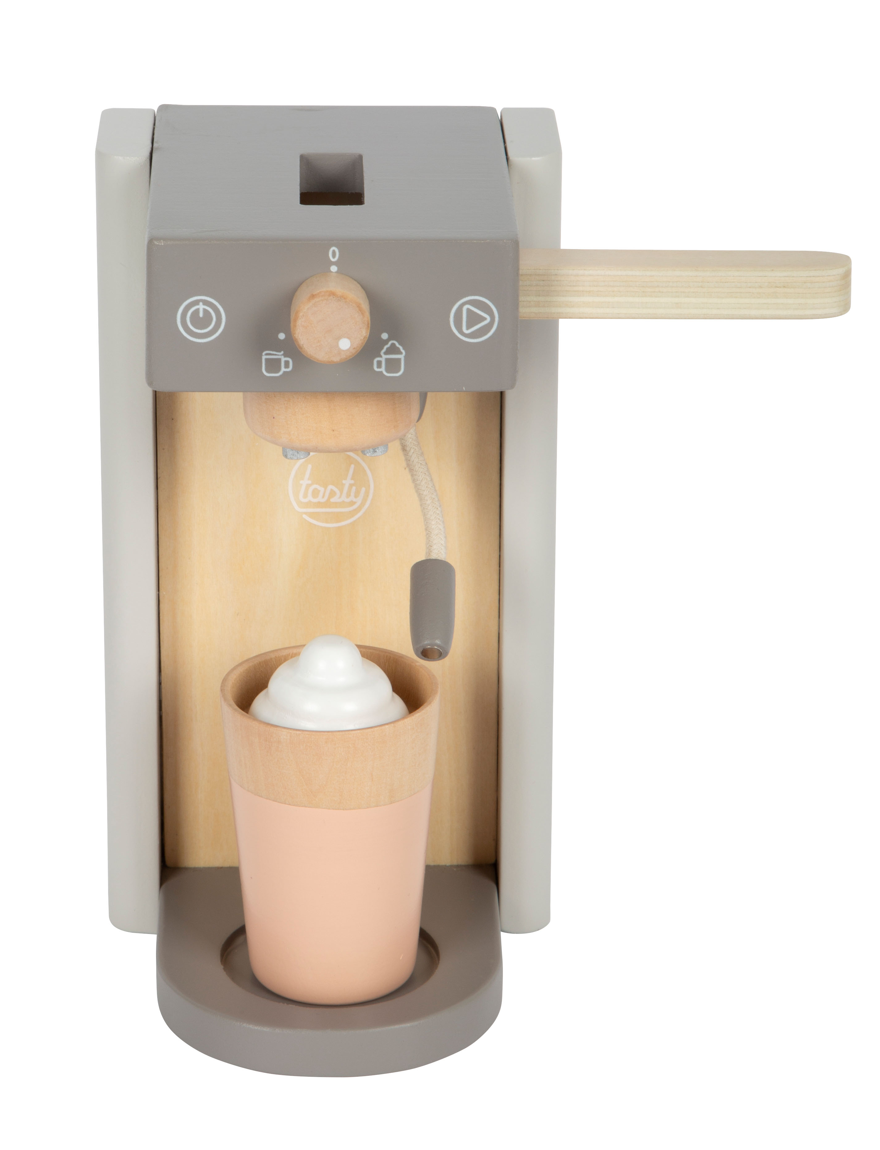 Kaffeemaschine grau mit Kaffe mit Milchschaum