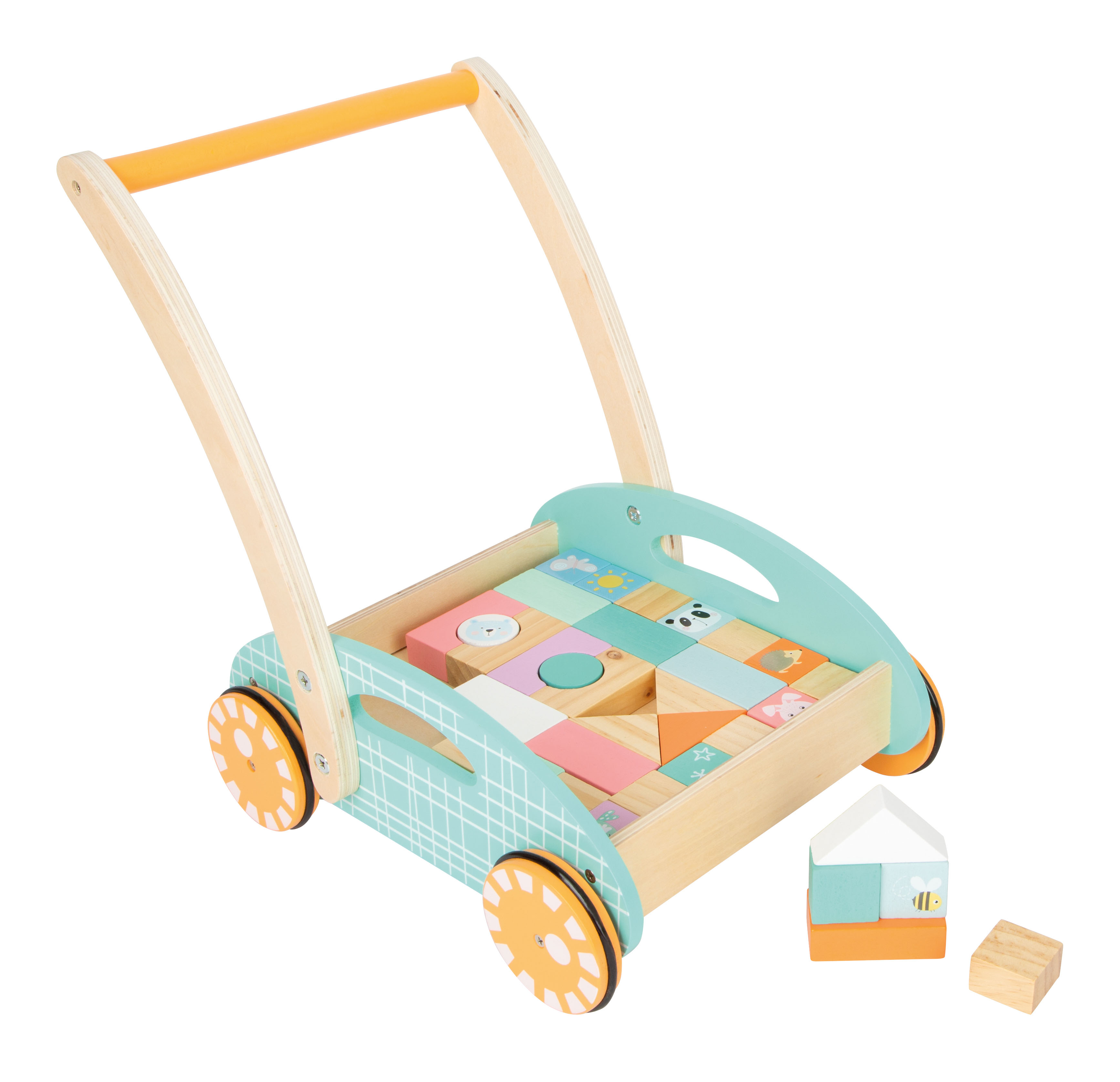 Lauflernwagen aus Holz mit Bauklötzen