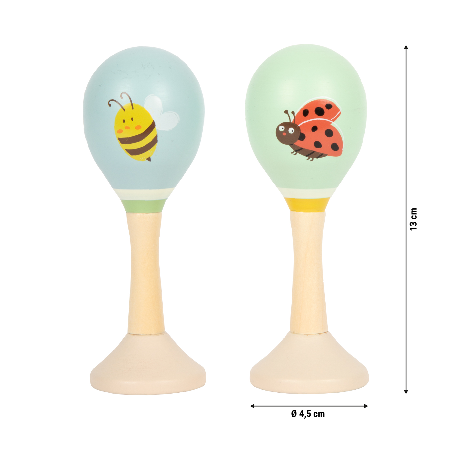 Größenskizze von zwei Kinder-Maracas aus Holz