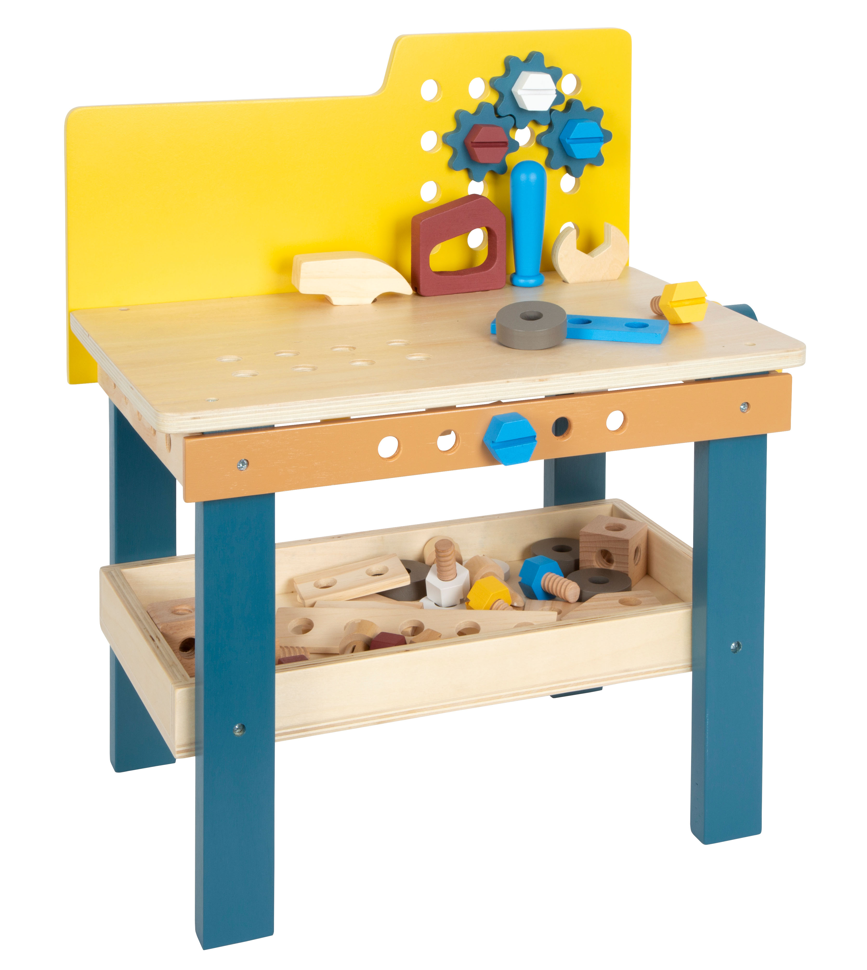Werkbank aus Holz mit Kinder-Werkzeugen