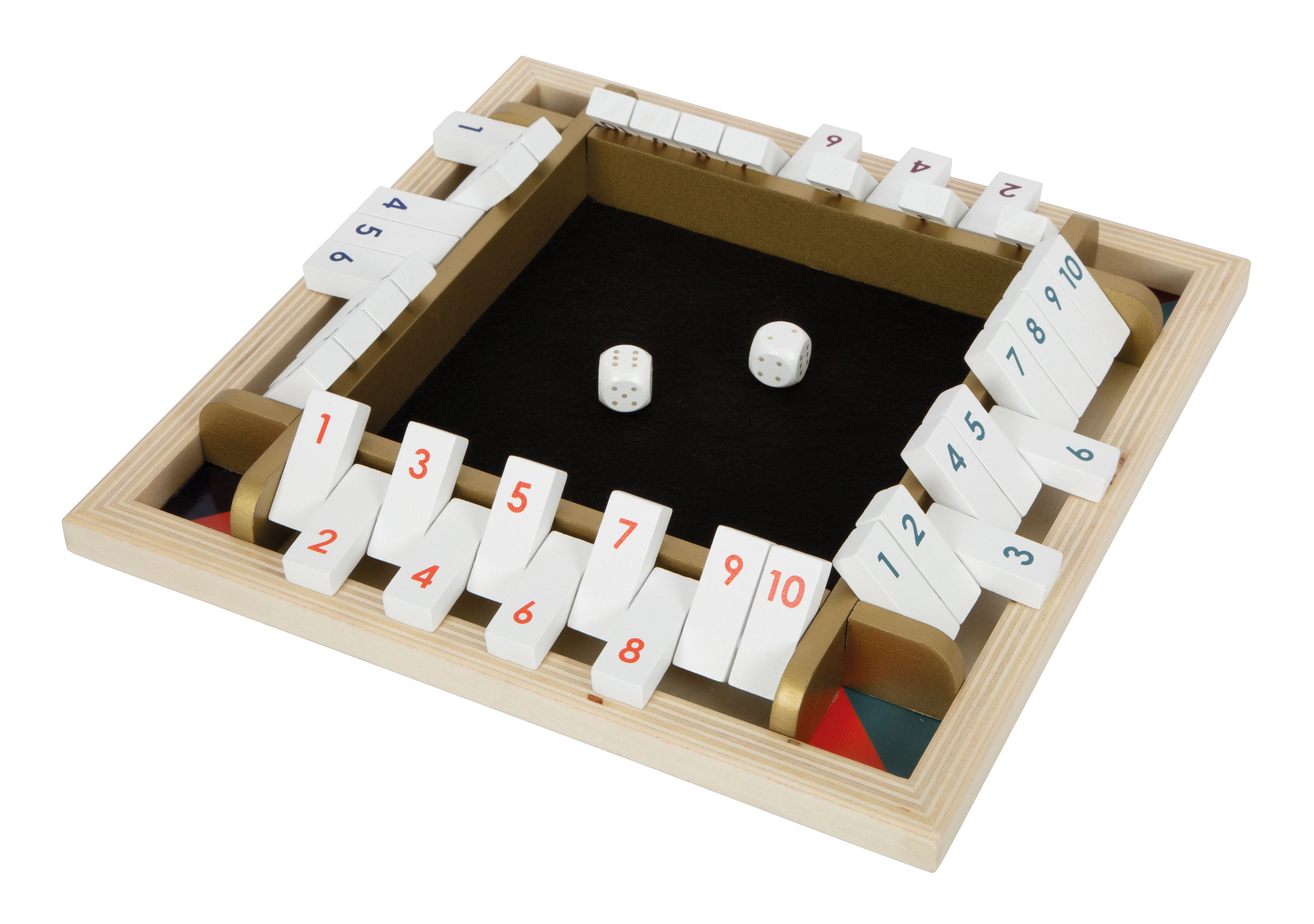 Modernes Shut the Box-Spiel aus Holz mit Würfeln