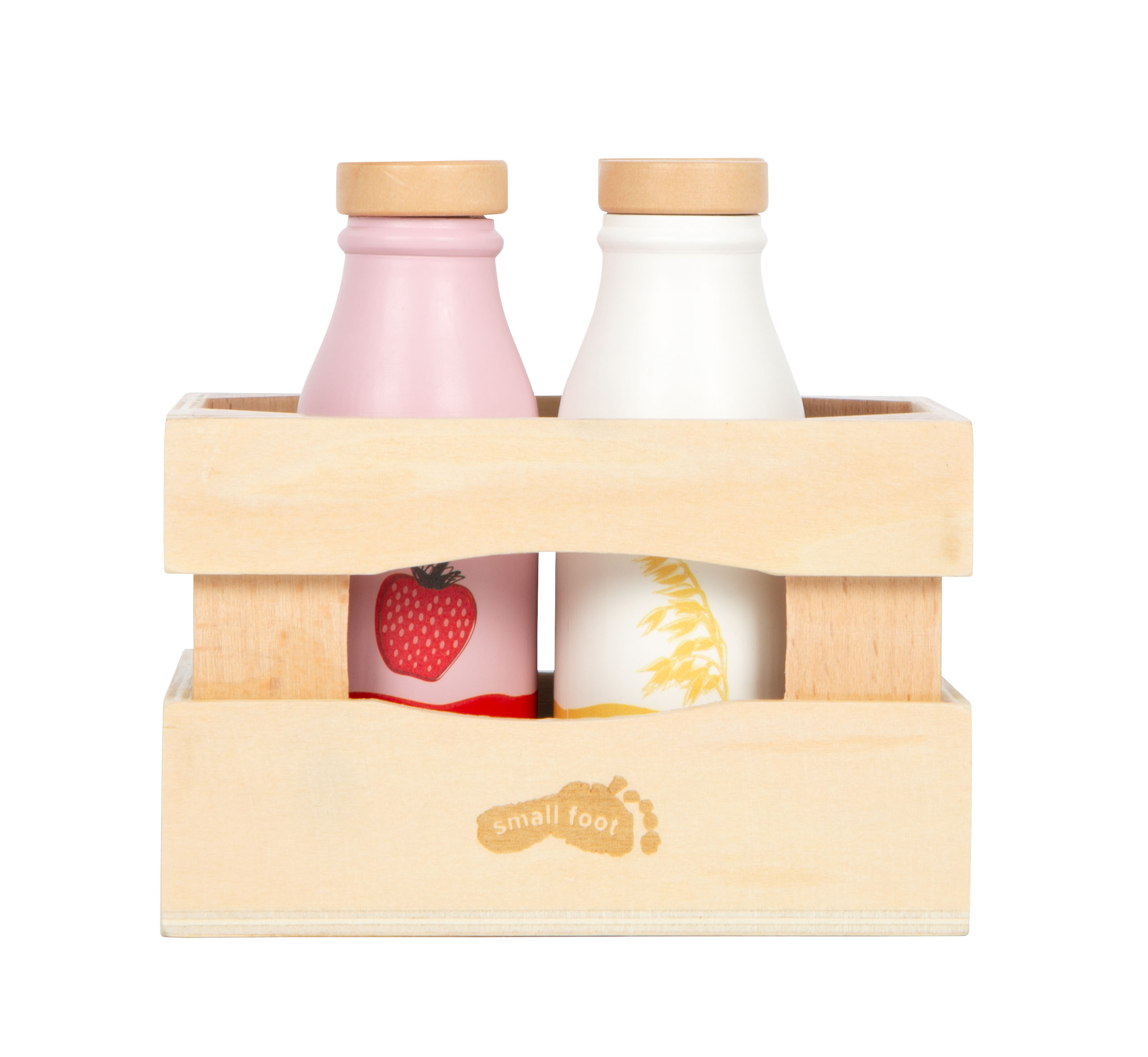 Kaufladenzubehör mit Erdbeermilch und Hafermilch aus Holz