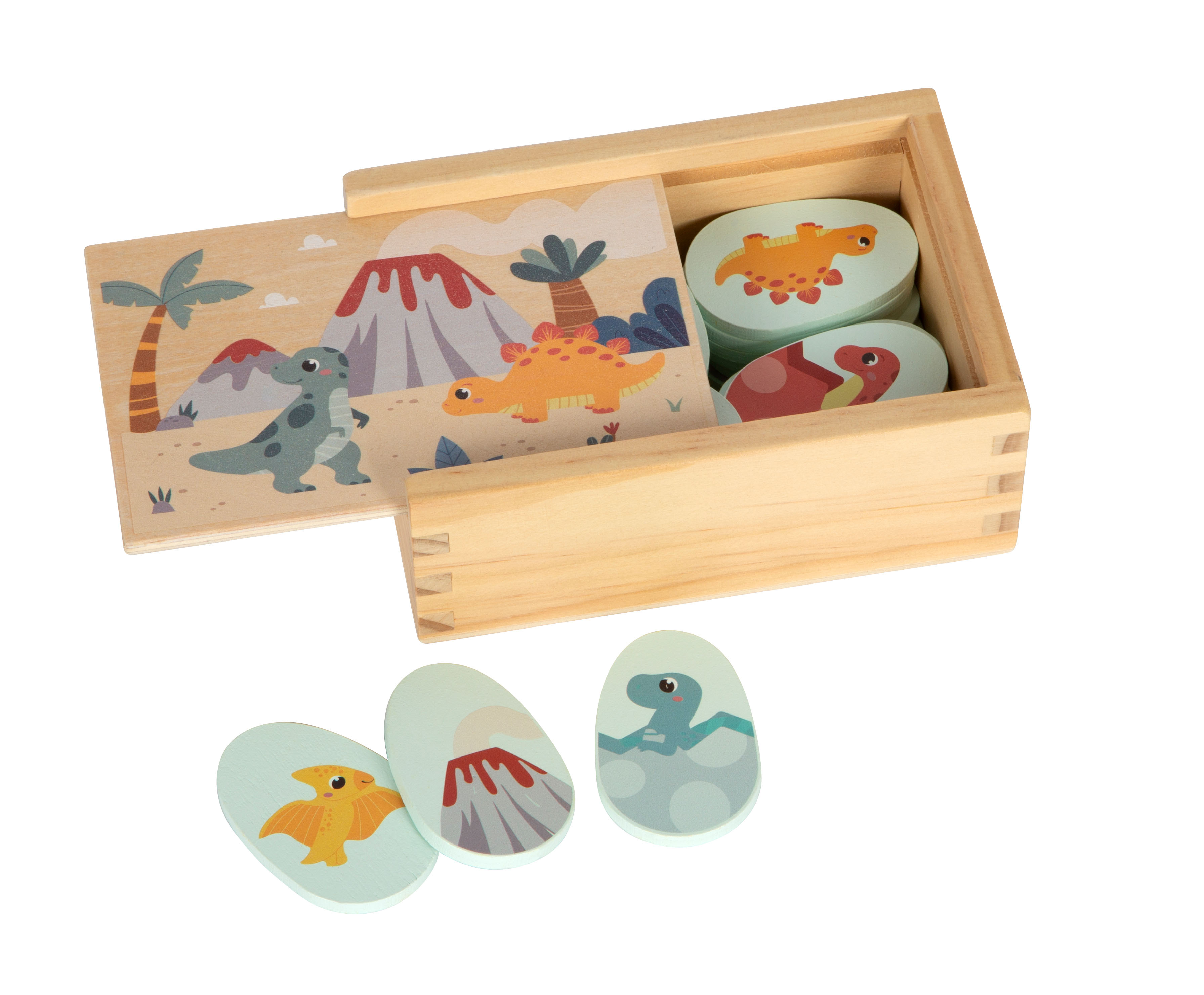 Dino-Memo aus Holz mit Aufbewahrungsbox
