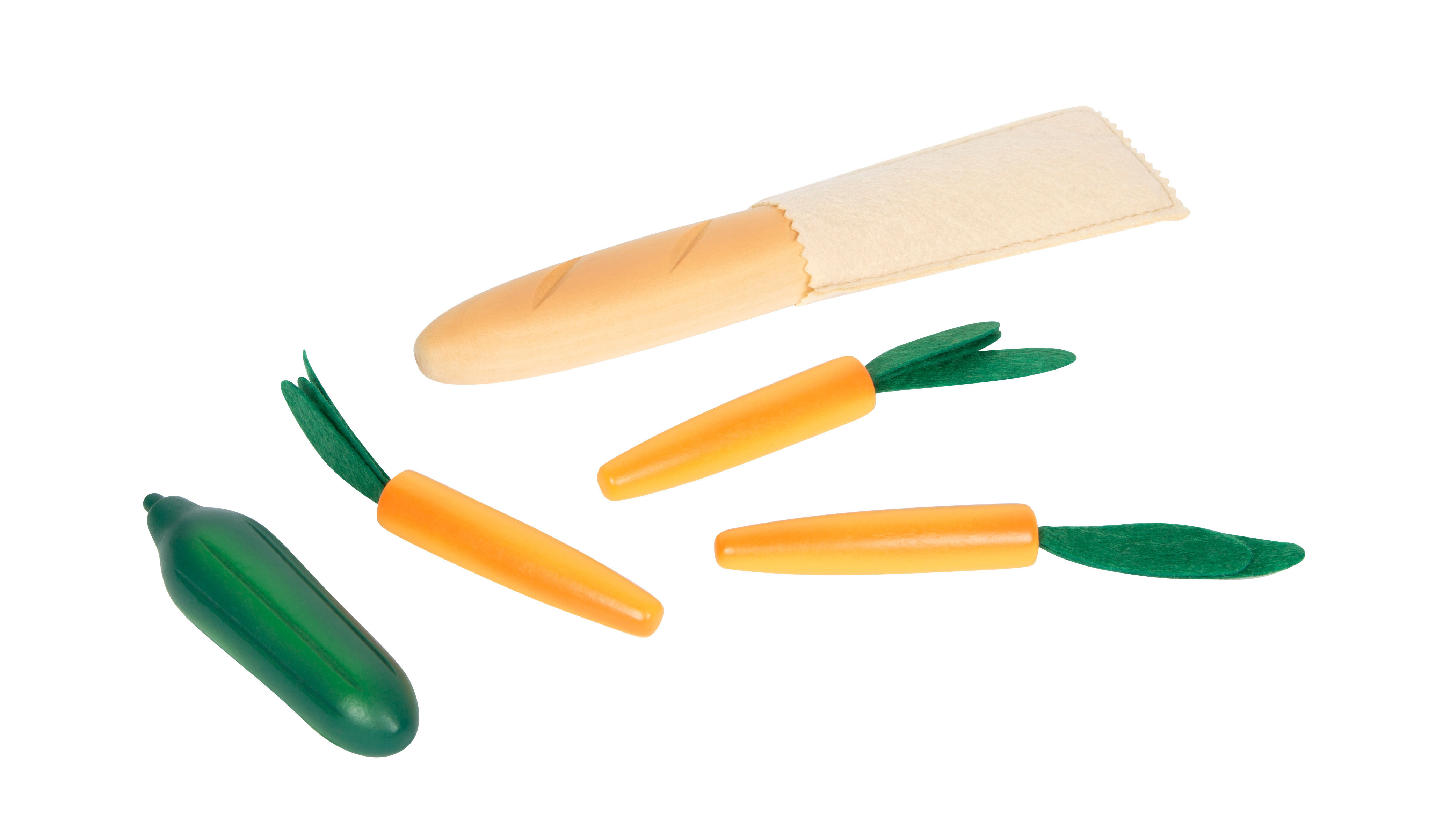 Einkaufskorb mit Lebensmitteln fresh mit Gurke, Karotten und Baguette Tüte