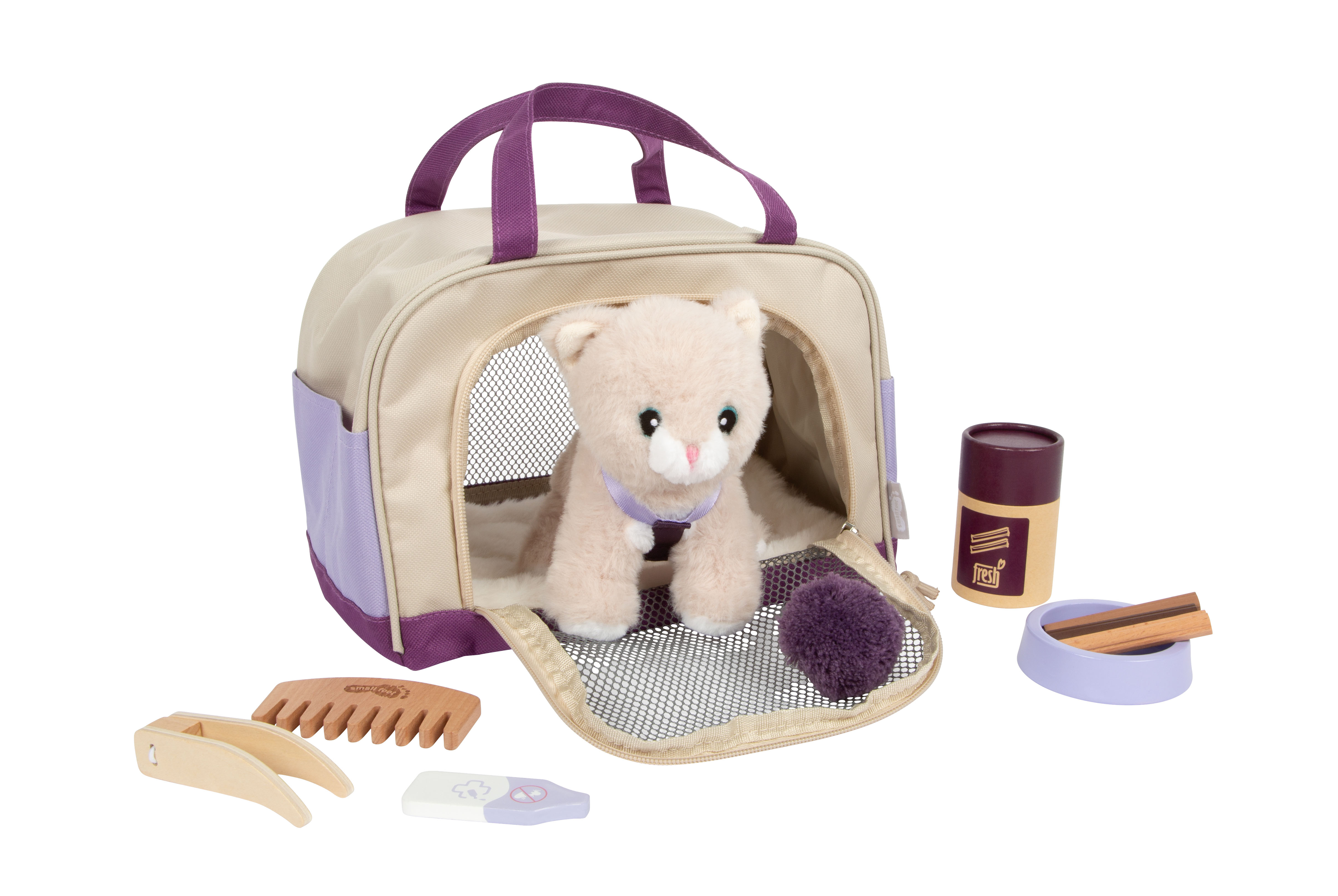 Katze mit Tasche und Pflegeset beim Tierarzt-Rollenspiel