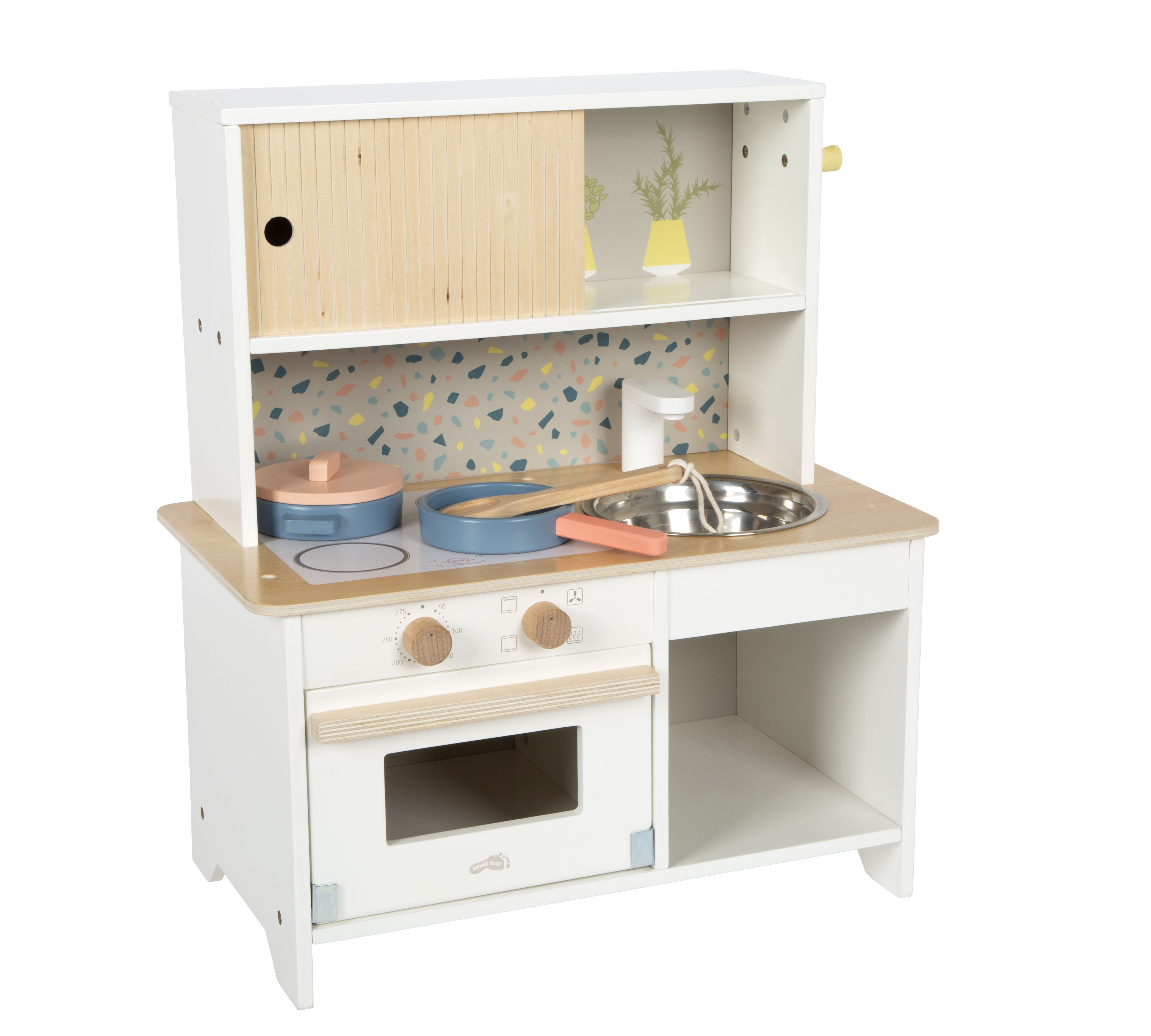 Weiße Puppenküche aus Holz mit Terrazzo-Muster