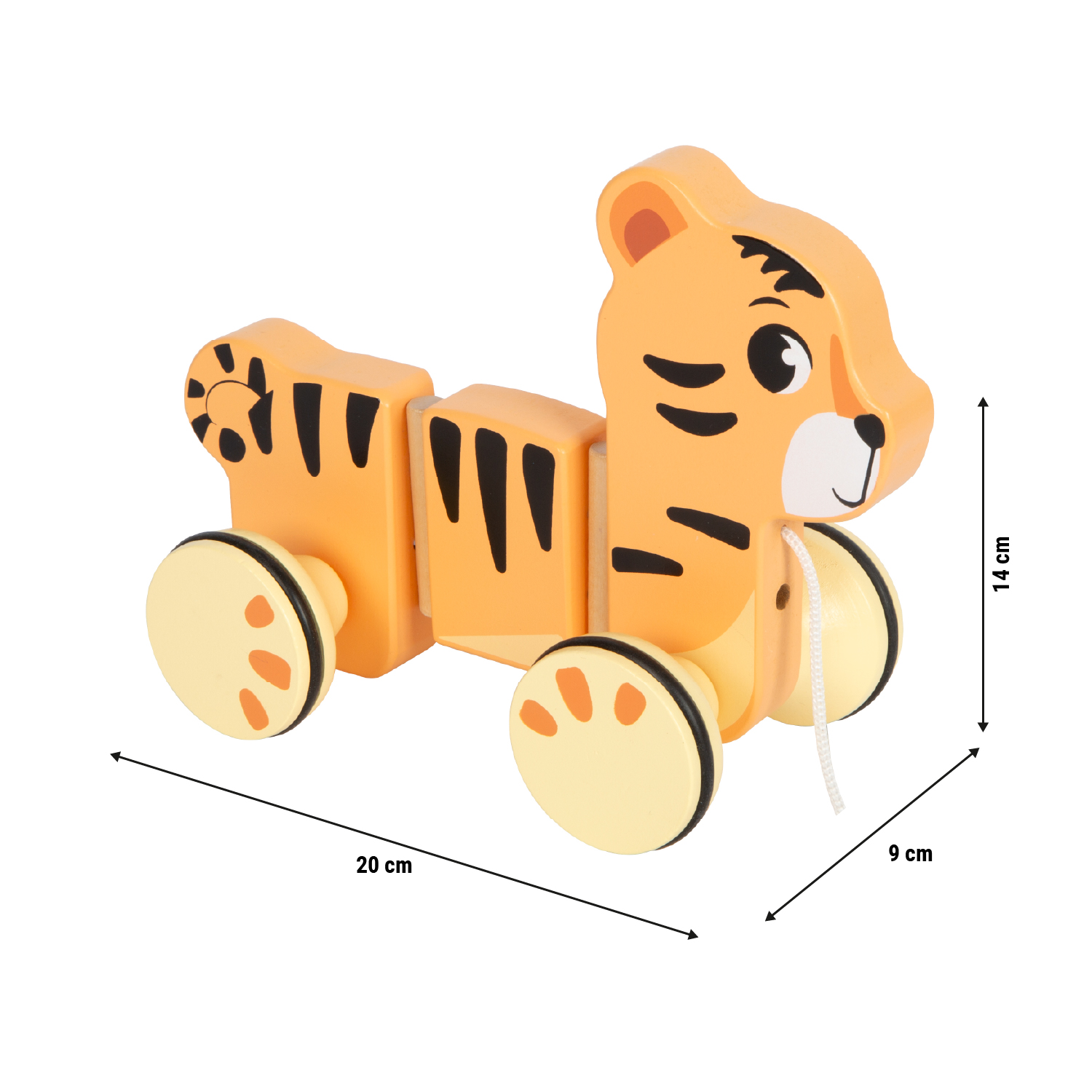 Größenskizze vom Ziehtier Tiger aus Holz