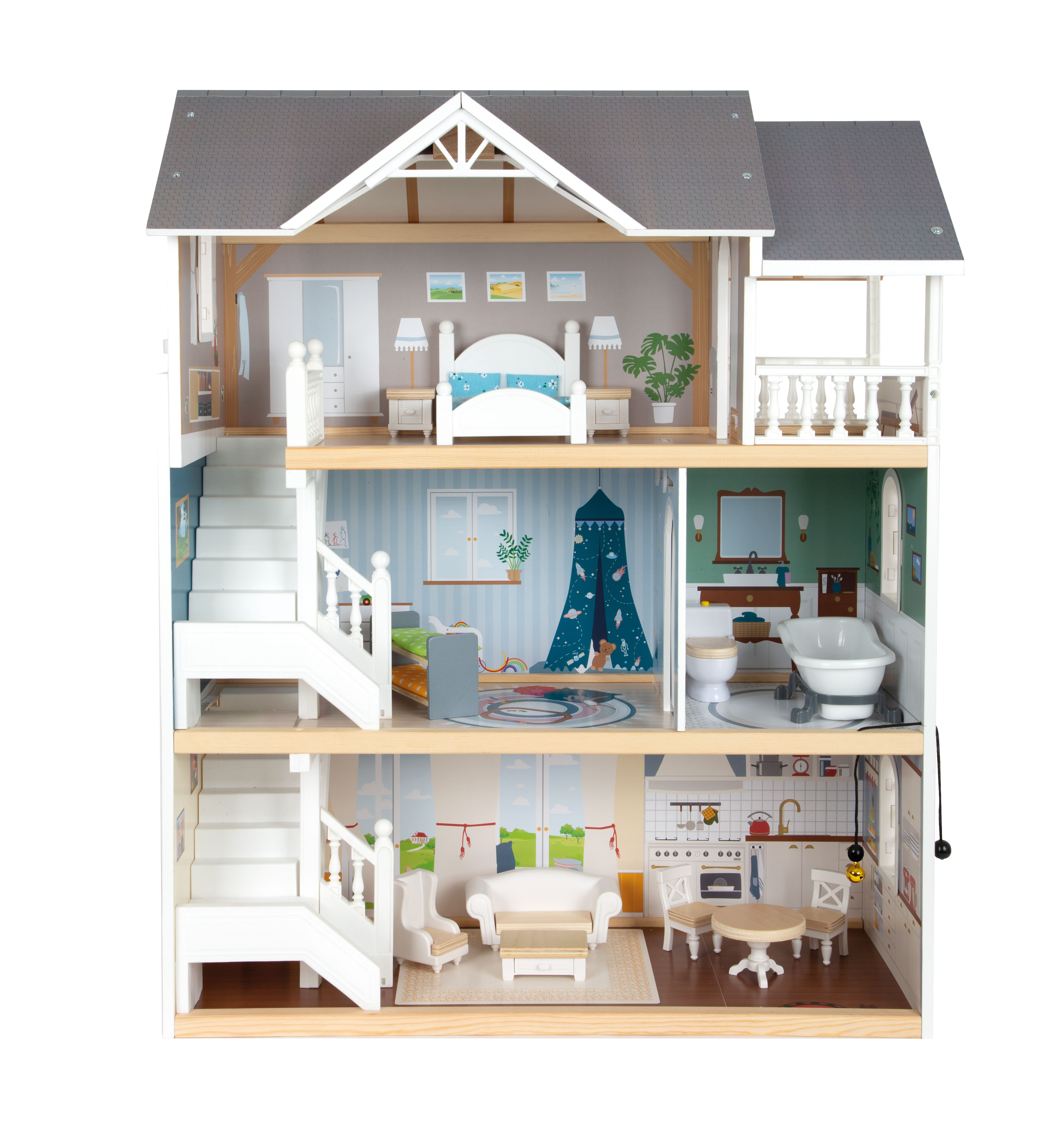 Mädchen mit modernem Holz-Puppenhaus