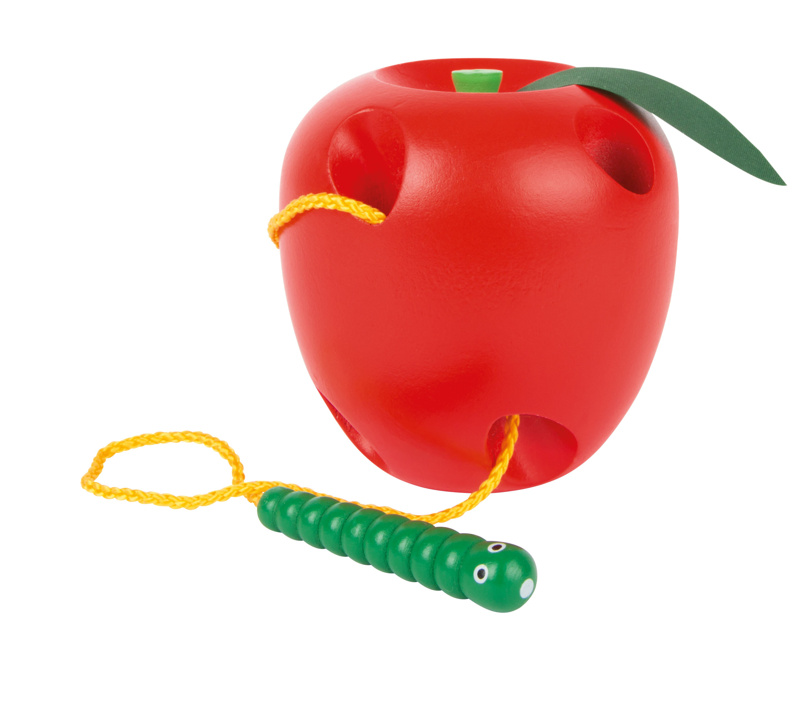 Apfel aus Holz mit Wurm zum Durchfädeln