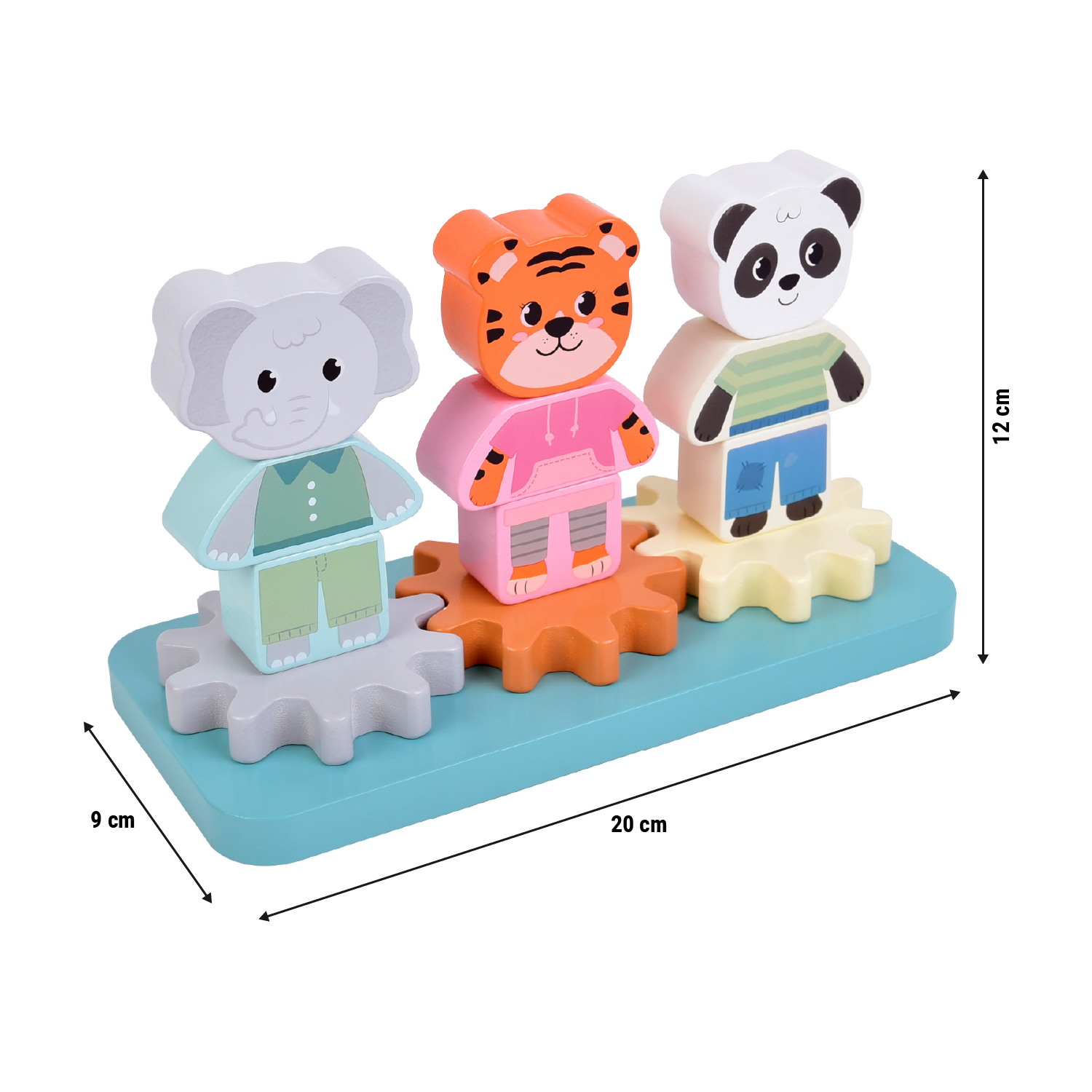 Größenskizze vom Stapelspiel mit Zahnrad aus Holz für Kinder