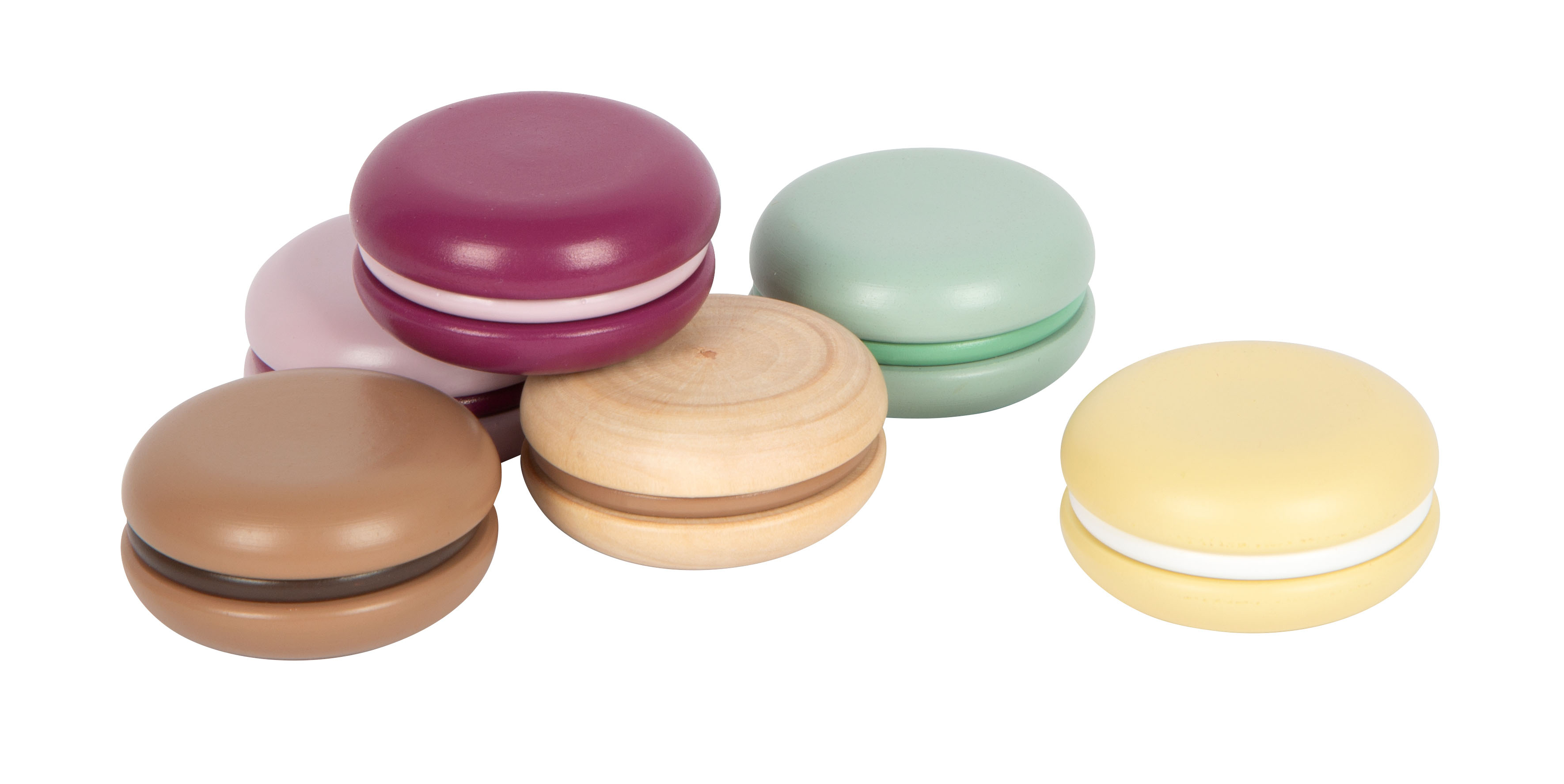 6 Macarons aus Holz, verschiedene Sorten