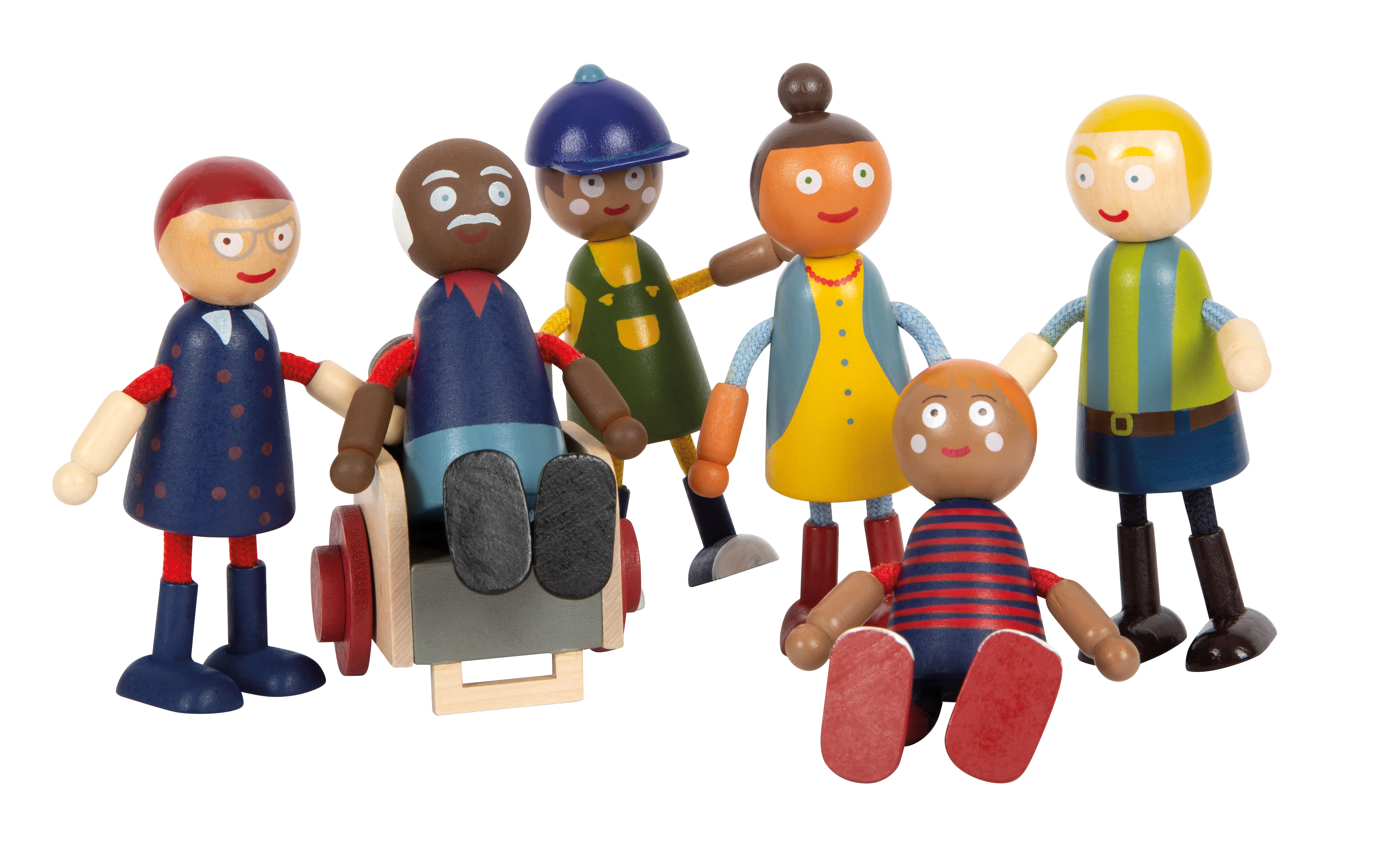 Sechs Holz-Puppen zum Spielen mit Rollstuhl