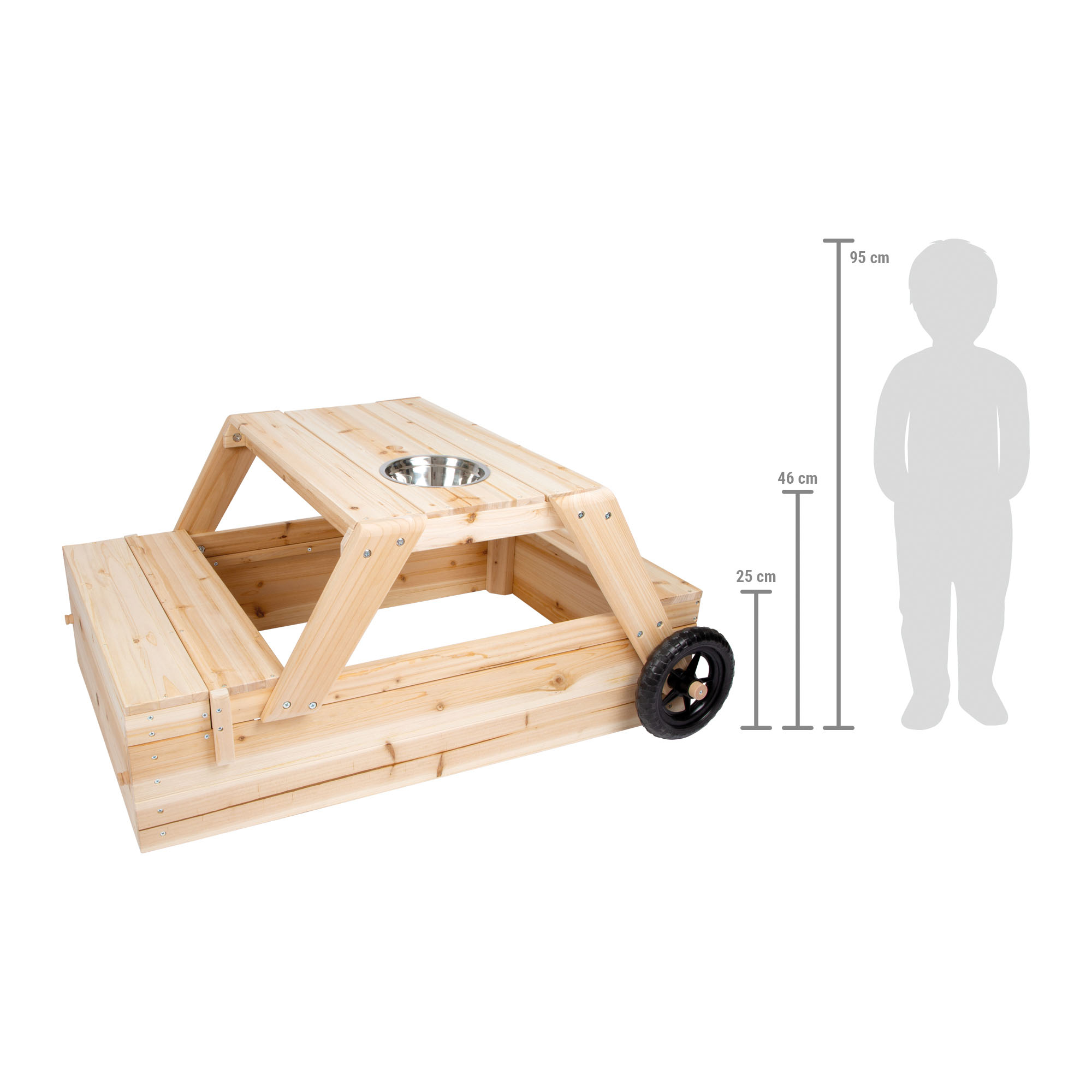 Sandkiste aus Holz mit Sitzbank und Tisch