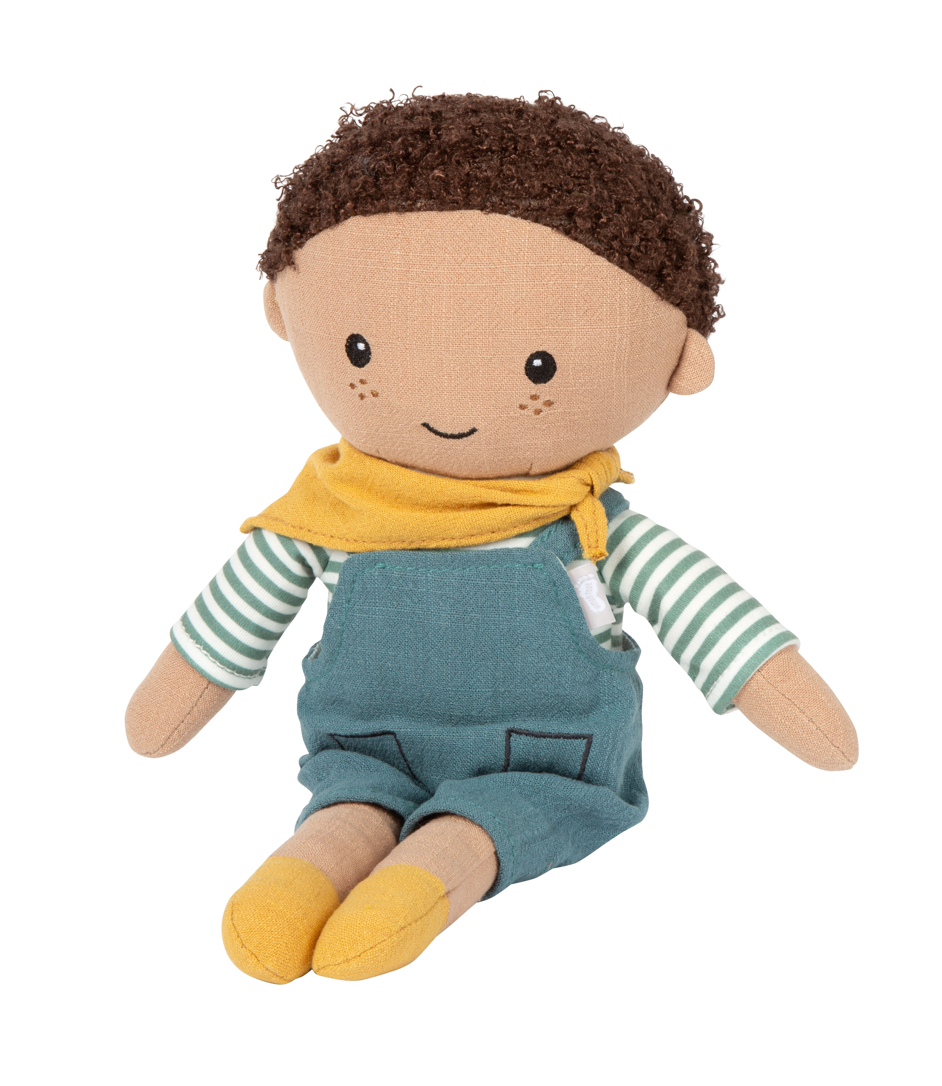 Sitzende Stoffpuppe Junge mit Latzhose