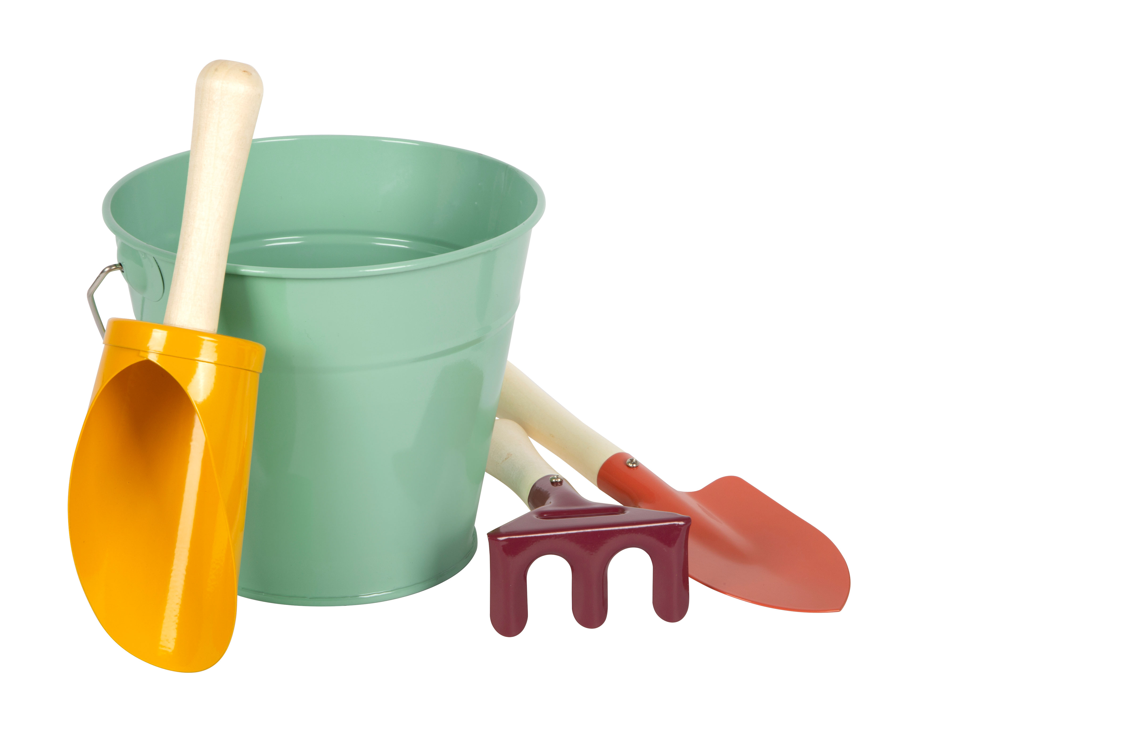 Mehlschaufel an Eimer gelehnt, Zubehör daneben