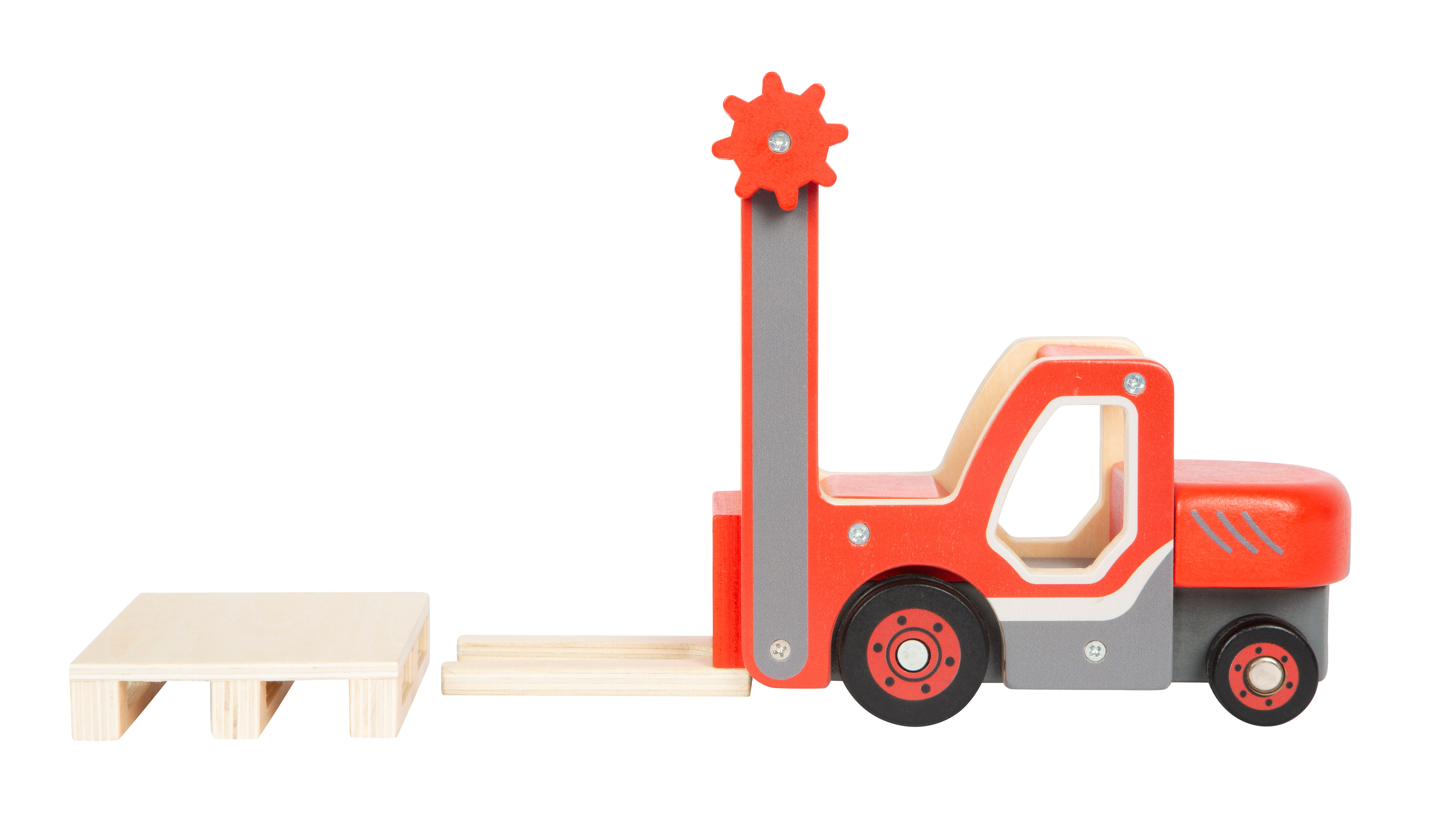 Profilansicht Gabelstapler rechts Palette links davor