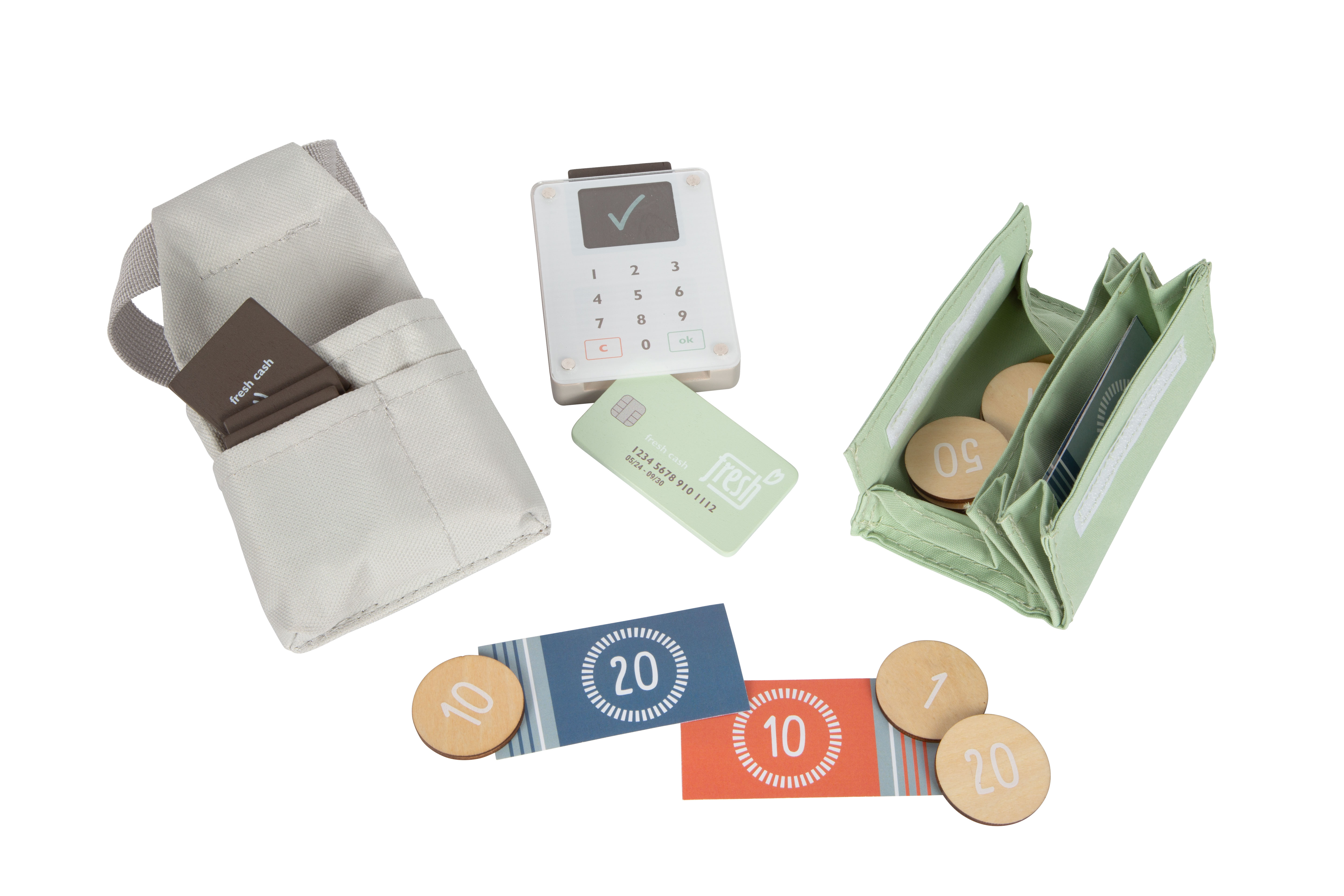 Spielgeld und Kartenlesengerät aus Holz