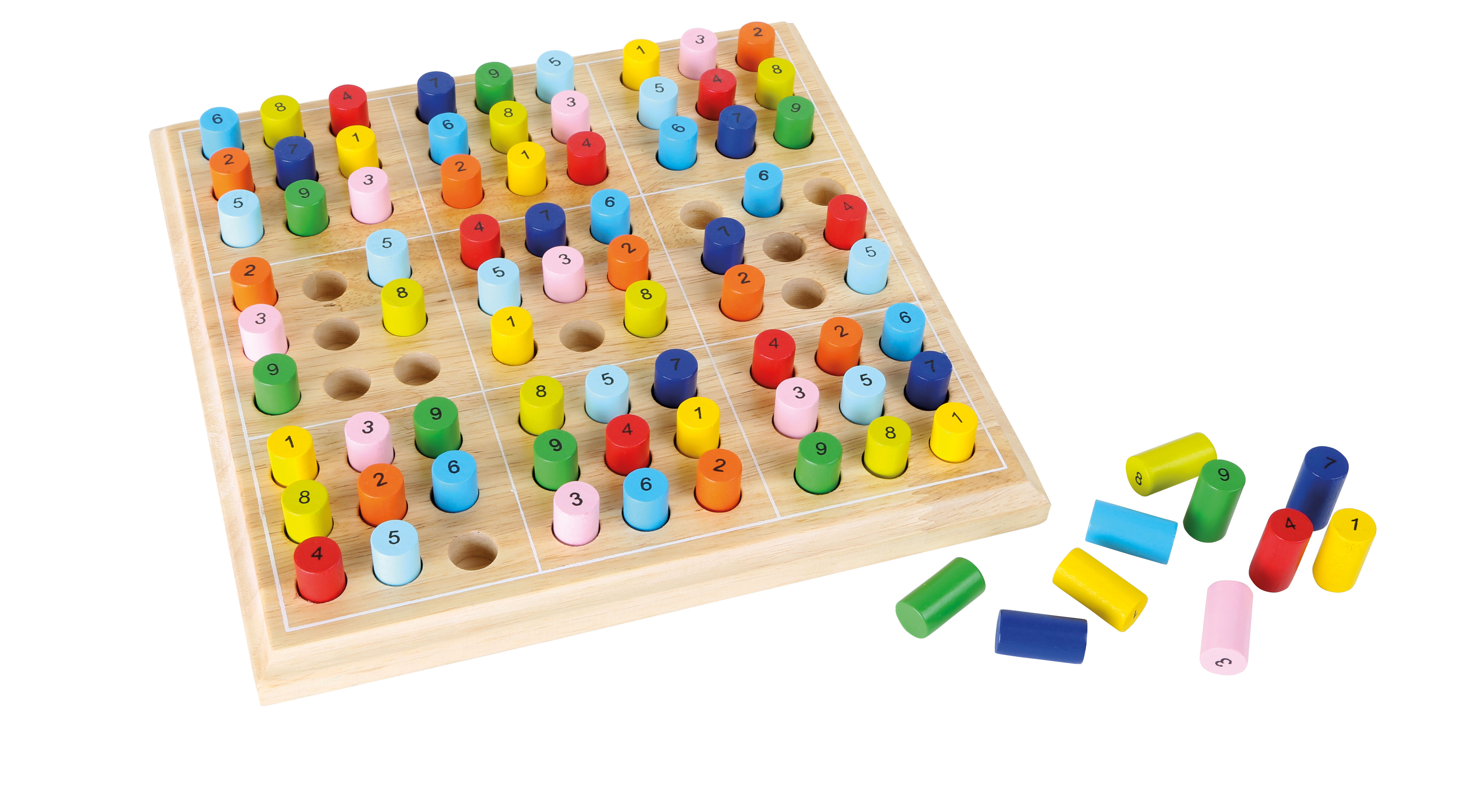 Sudoku-Spiel aus Holz mit bunten Zahlenfiguren