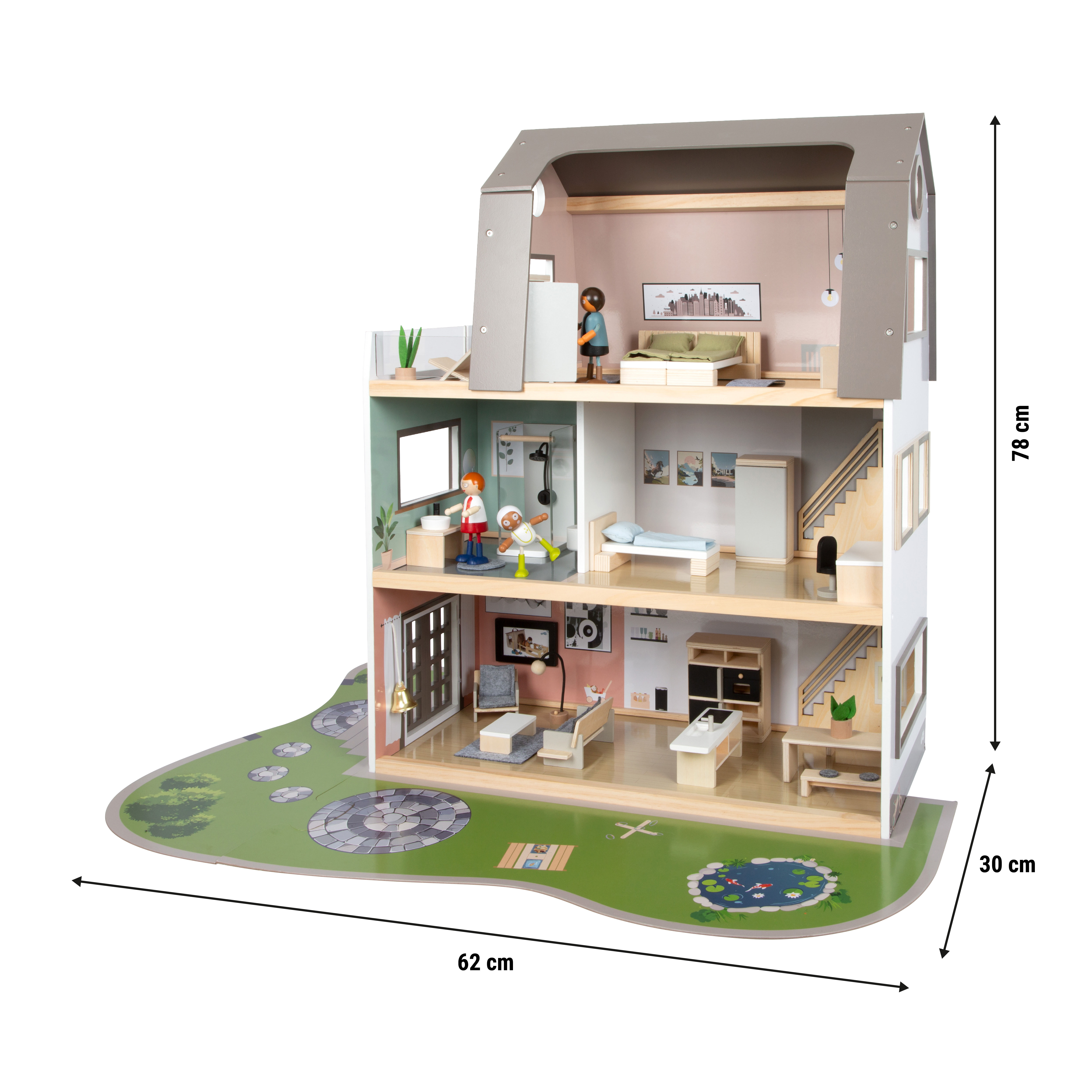 Puppenhaus mit Garten und Puppen als Maßgrafik mit Produktabmessungen