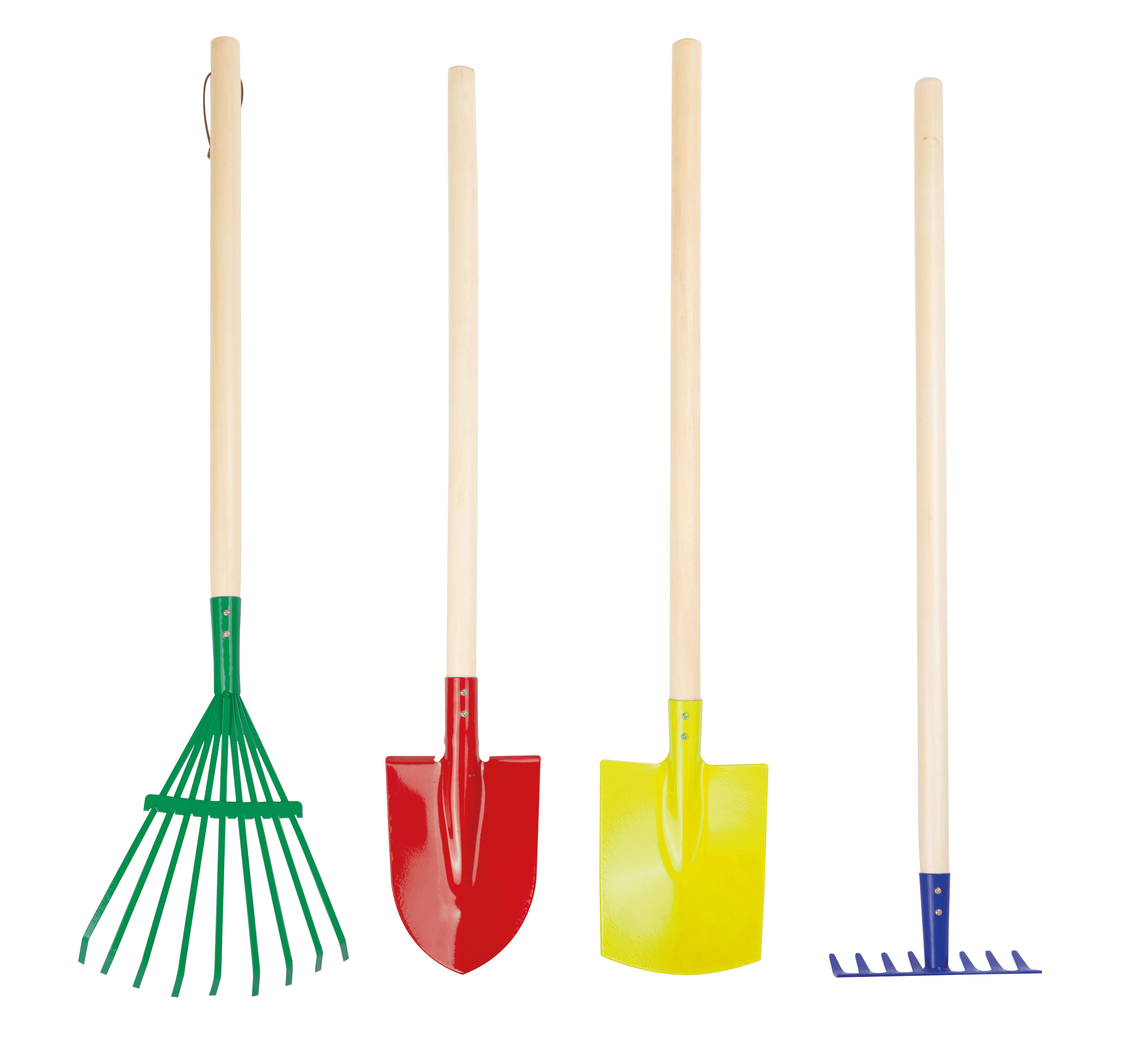 Vier bunte Gartenwerkzeuge aus Holz für Kinder