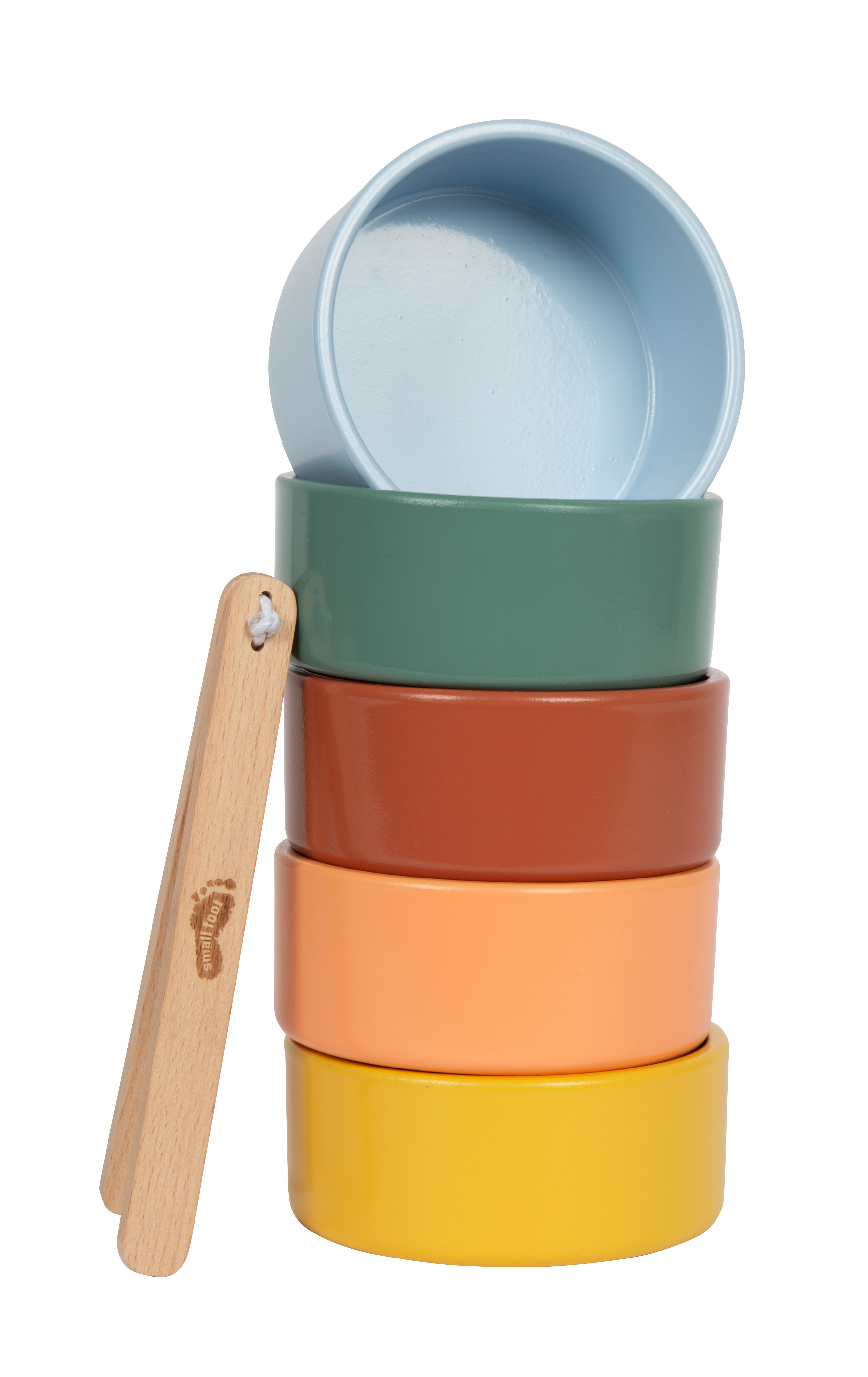 Fünf bunte Montessori Sortierbecher aus Holz mit Zange