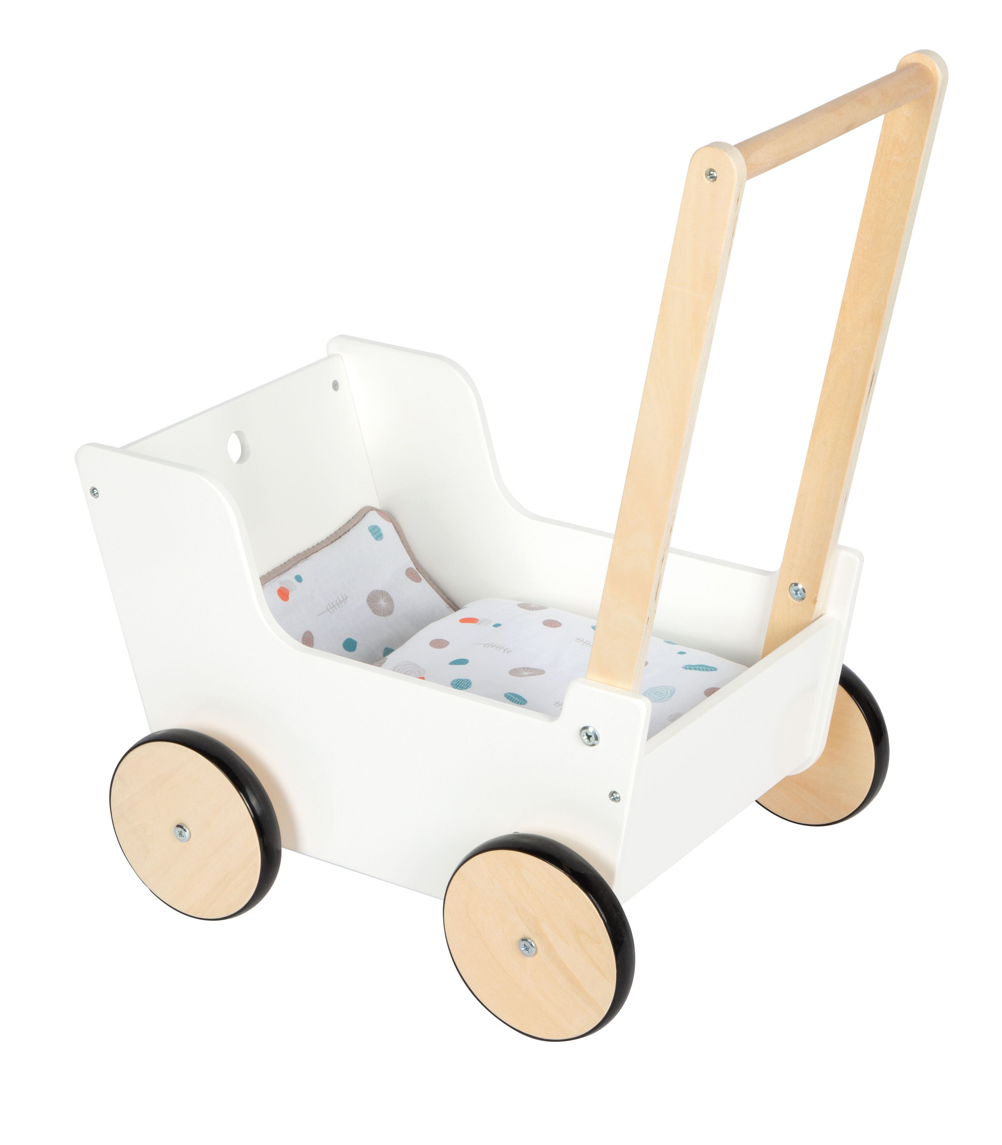 Weißer Puppenwagen mit Bettwäsche