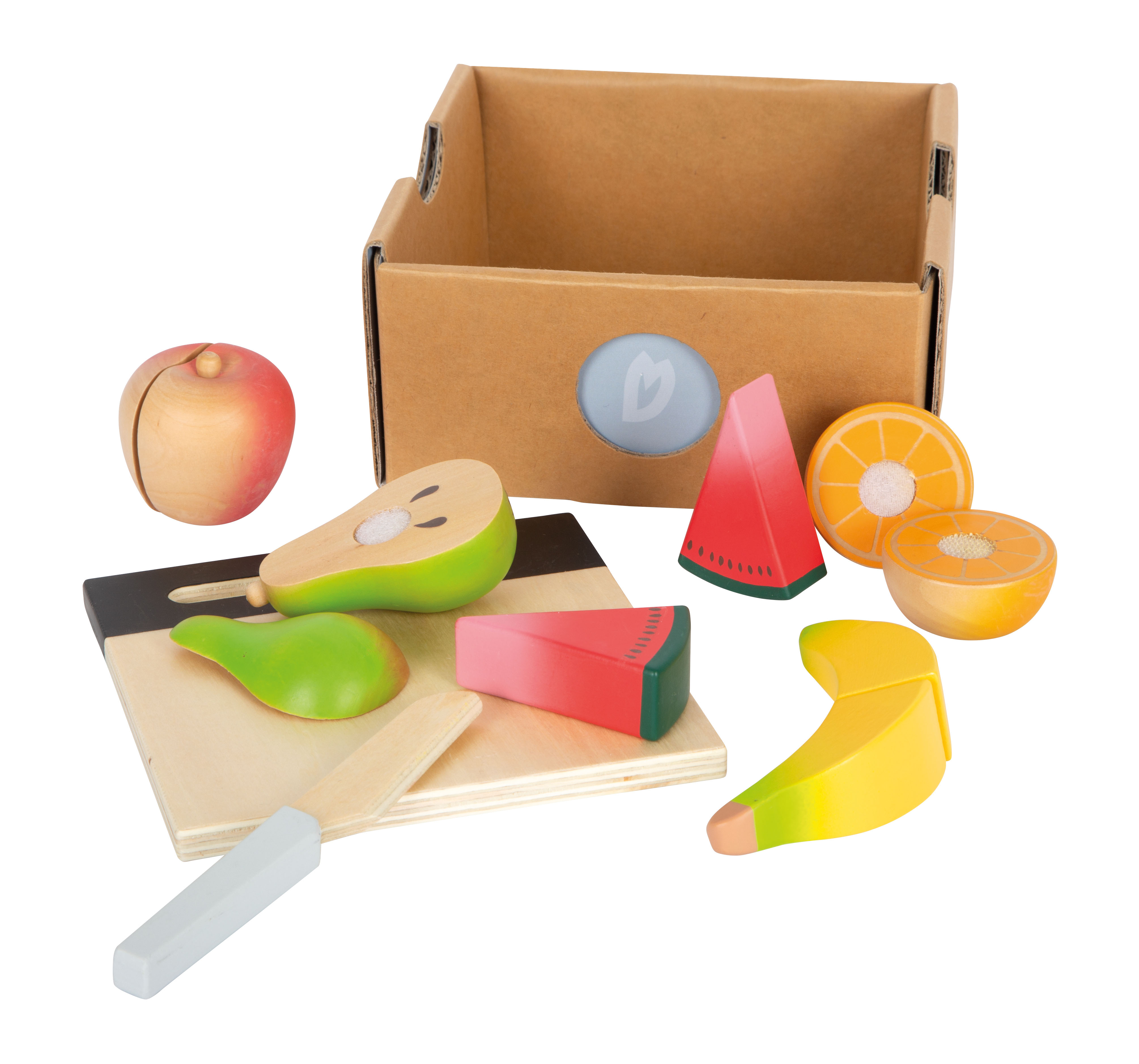 Obst-Set aus Holz mit Brettchen zum Spielen