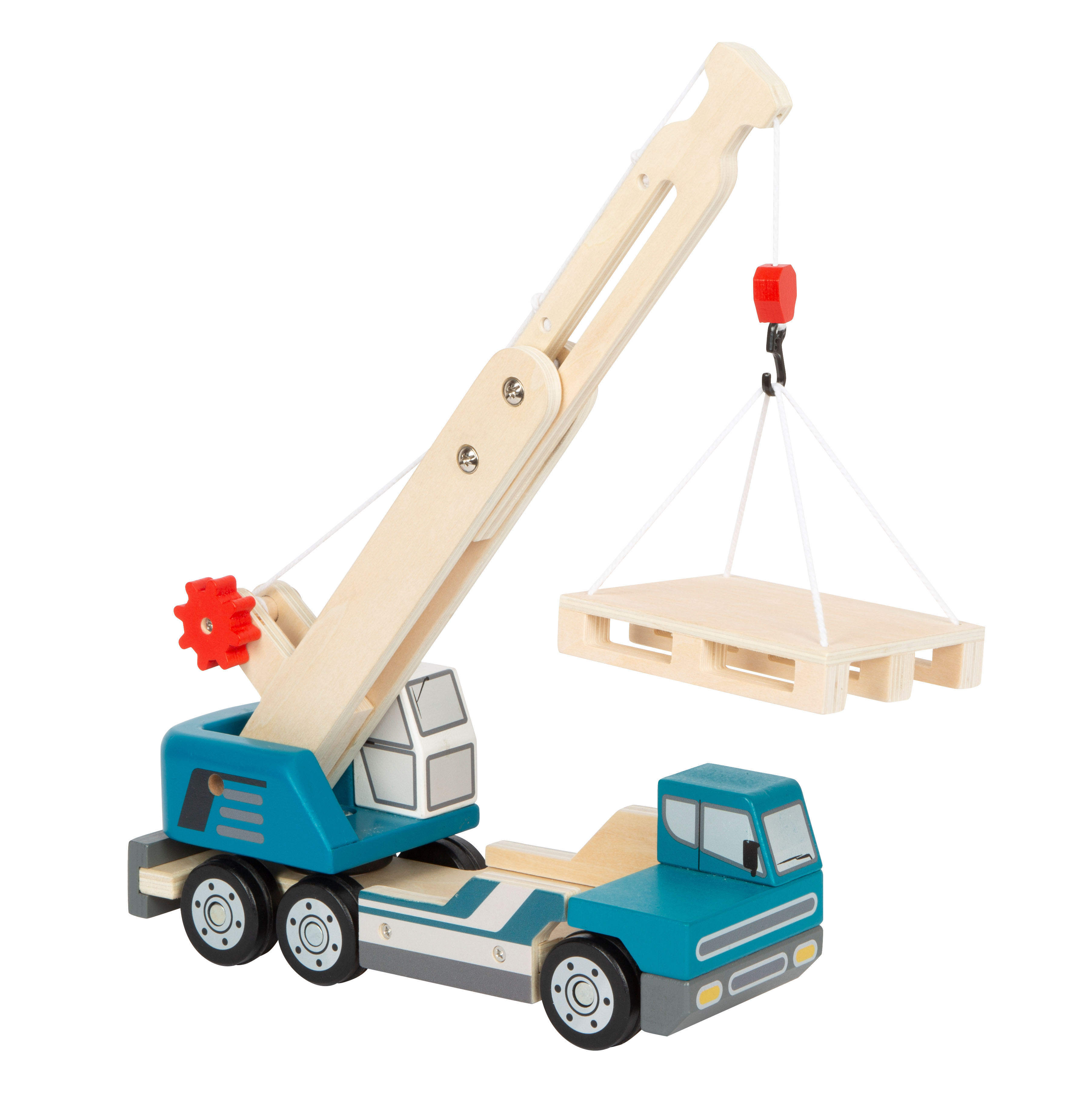 Ausgezogener Kranwagen mit Palette am Haken