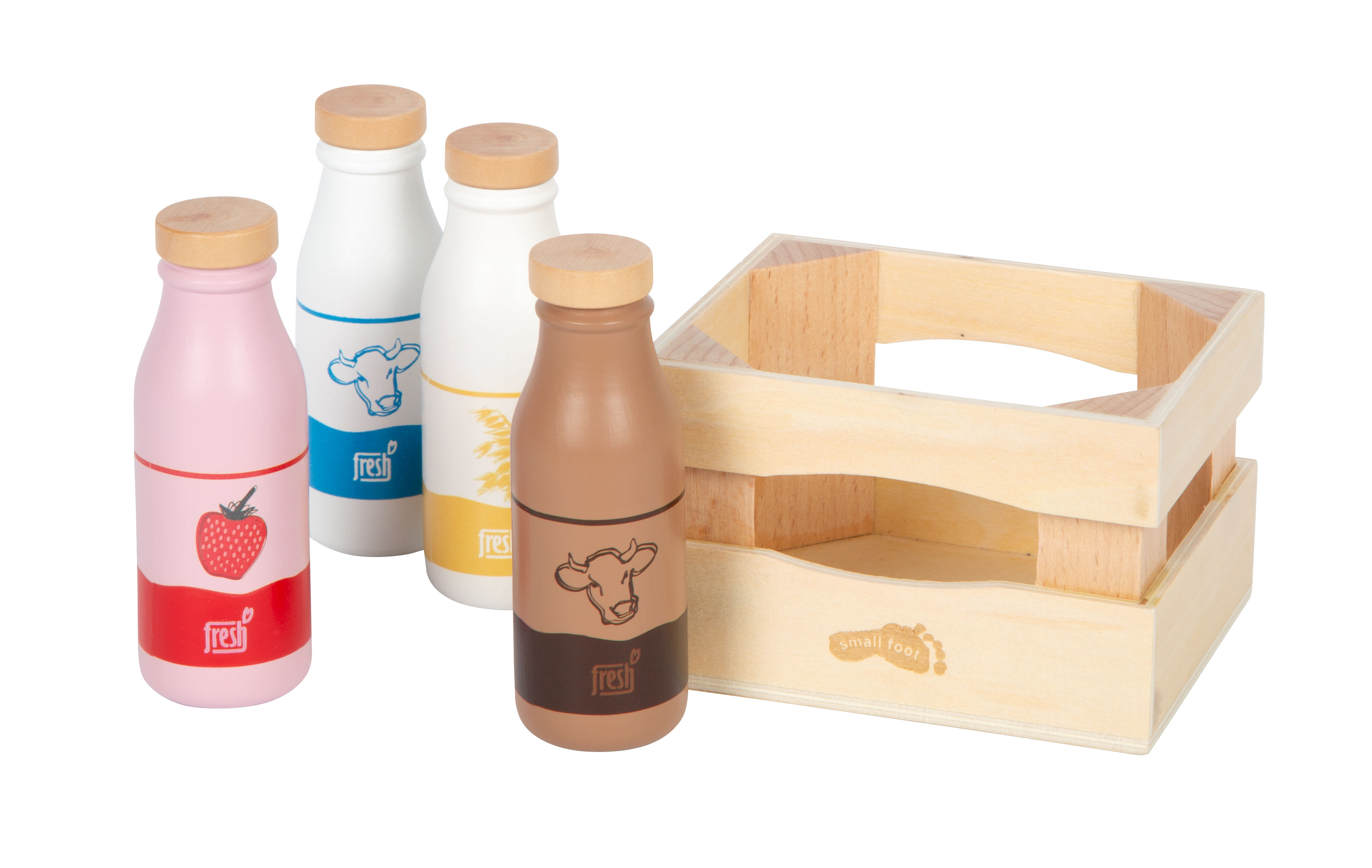 Holzkiste Erdbeermilch, Vanillemilch, Kakao und Hafermilch für Kinder-Kaufladen