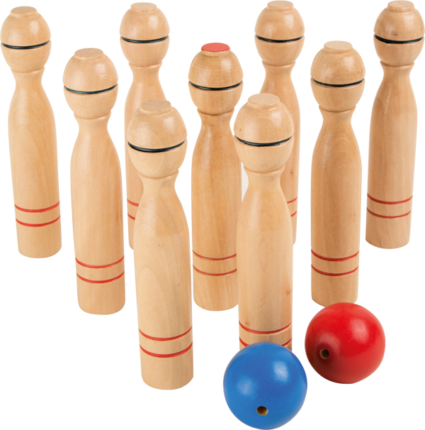 Kegel-Spiel aus Holz mit blauer und roter Kugel