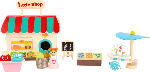 kompakter Einkaufsladen für fantasievolles Rollenspiel im Holzkoffer