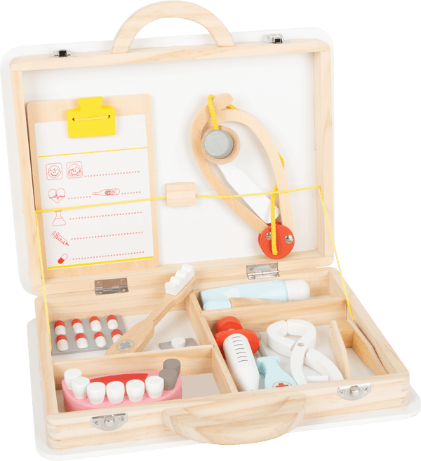 Arztkoffer aus Holz mit Arztutensilien zum Untersuchen der Zähne und des Mundes sowie der körperlichen Funktionen