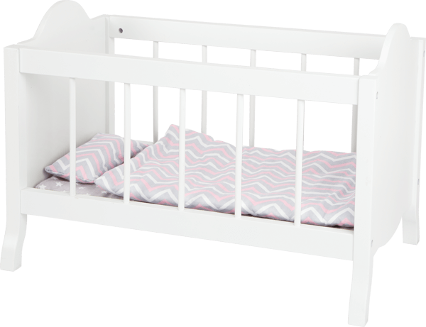 Weißes Puppenbett mit Bettwäsche