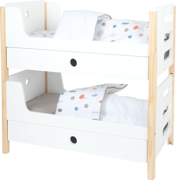 Skandinavisches Puppenhochbett mit moderner Bettwäsche