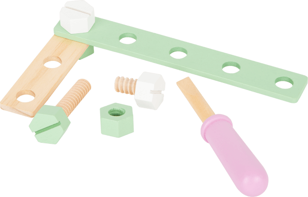Spiel-Werkzeuge aus Holz in Pastellfarben